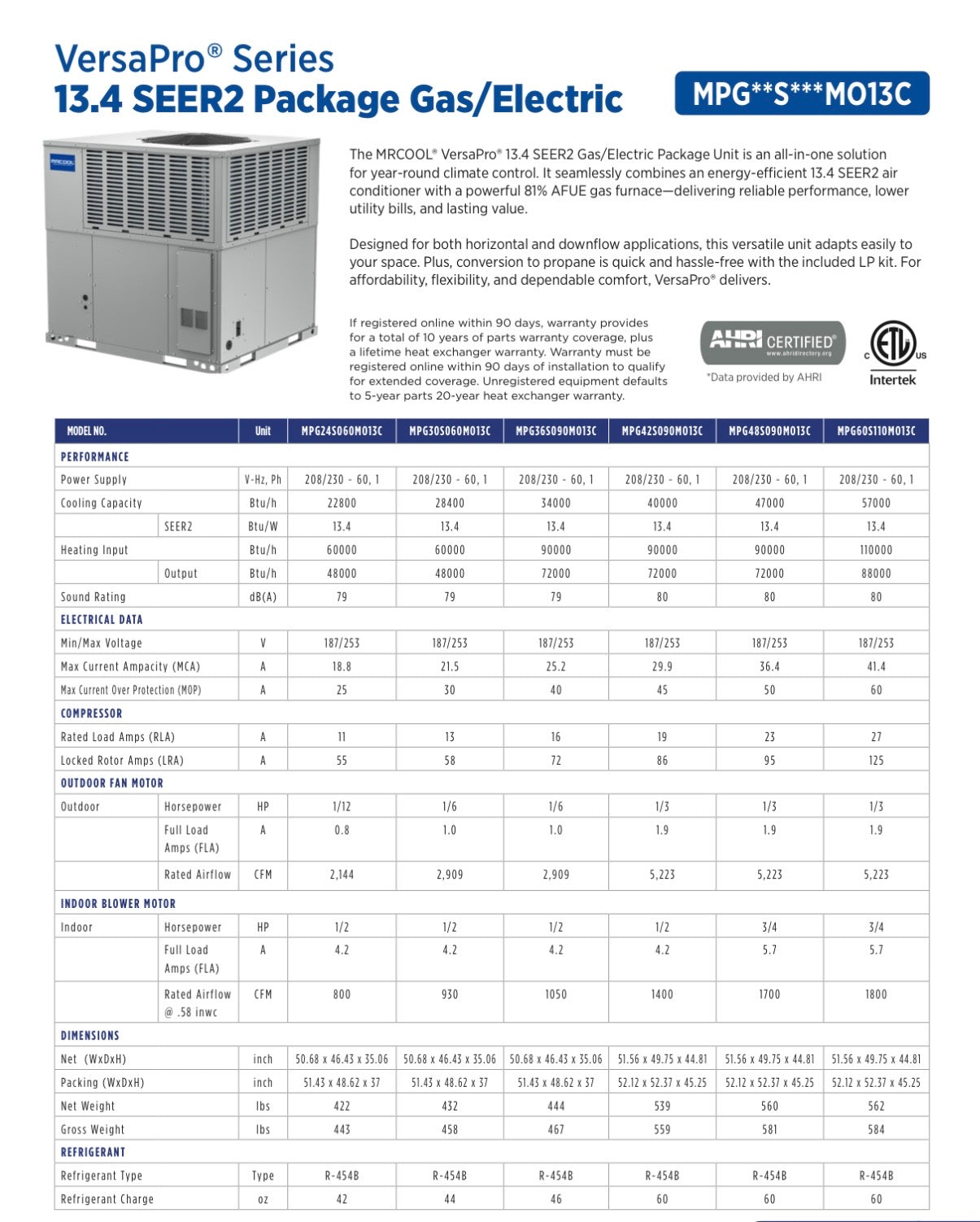 MRCOOL VersaPro Package Gas spec sheet 