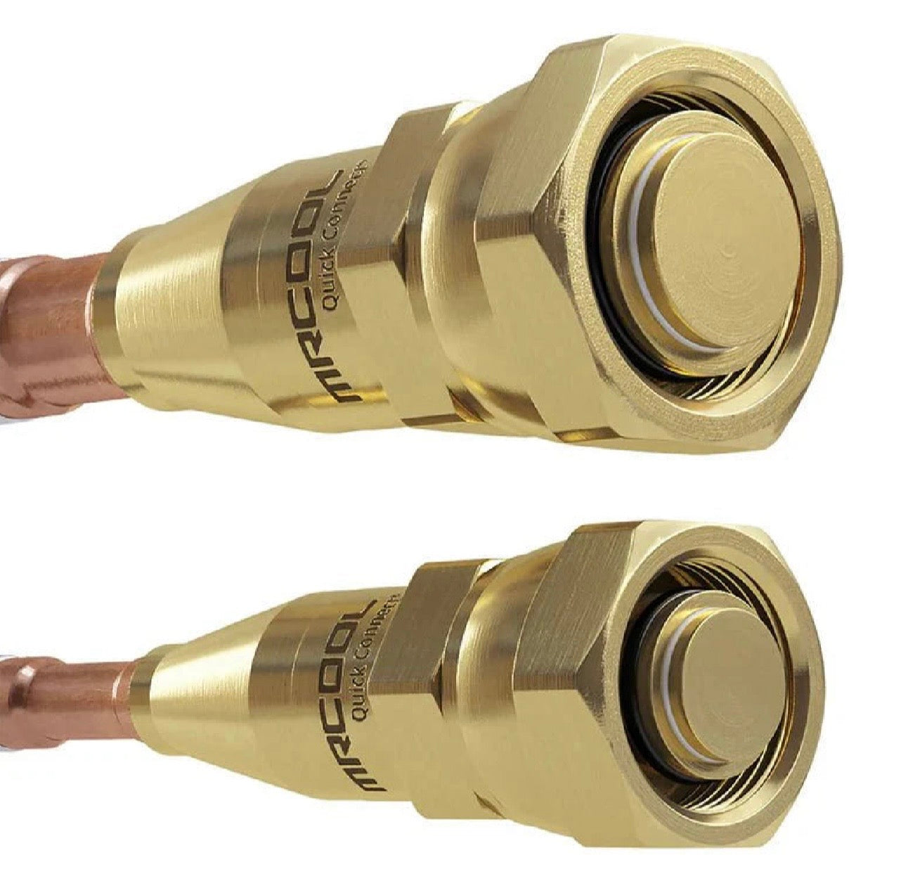 MRCOOL DIY 5th Gen r-454b refrigerant pre charged line set showing just the quick connect ends close up view on white background. 