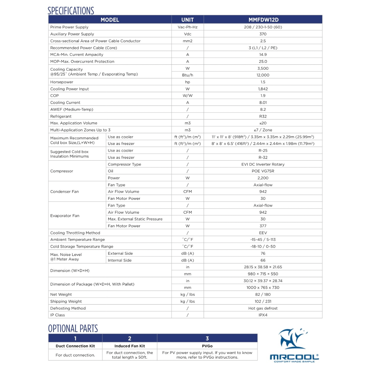 MRCOOL 12k refrigeration unit through wall cooler Specifications 