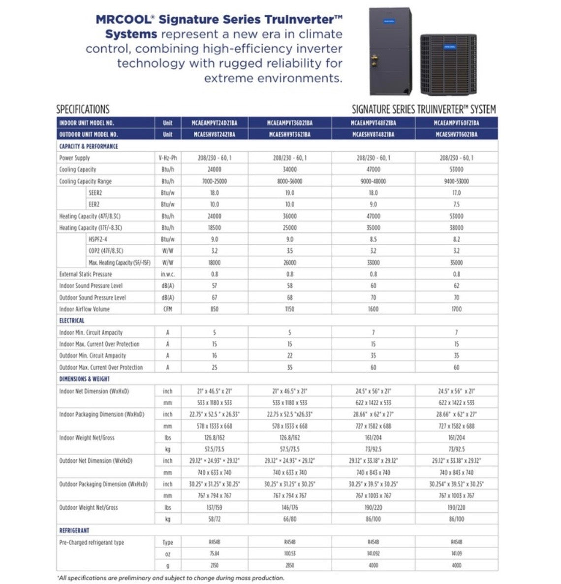 MRCOOL TruInverter heat pump condenser spec sheet