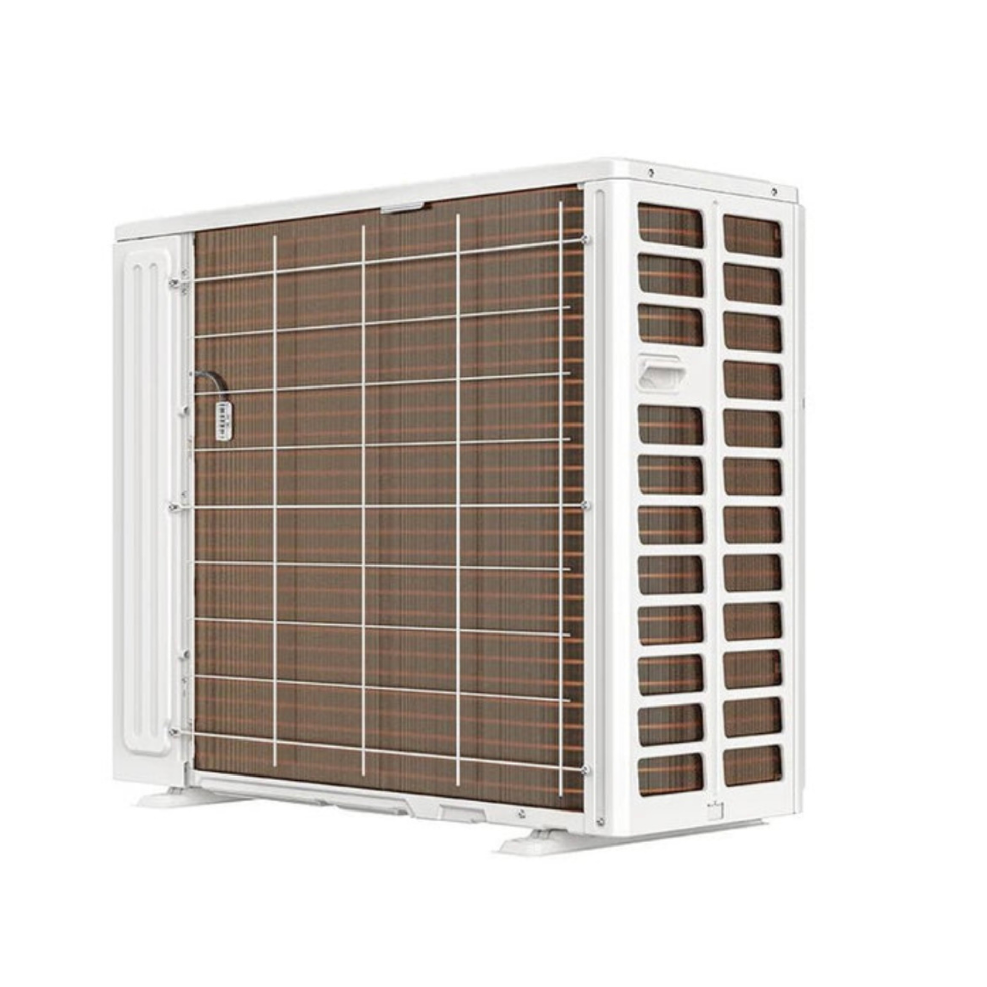 Mrcool DIY 5th gen multi 3 zone 18k btu condenser DIY-MULTI3-18HP230D-O  r-454b refrigerant left side angle and back  view with white background 