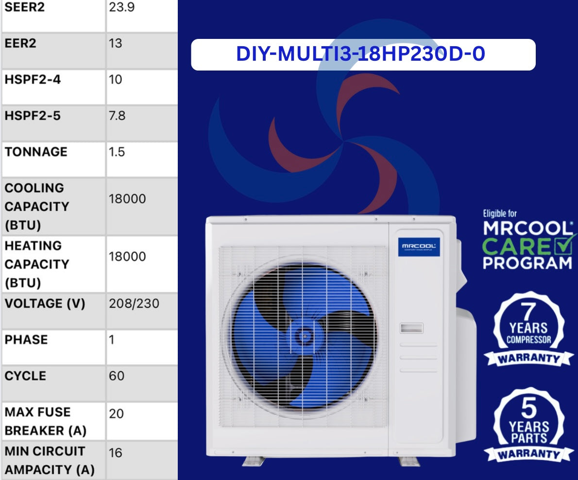 MRCOOL DIY 18K Dual Zone Mini Split System Diagram DIY-MULTI3-18HP230D-O