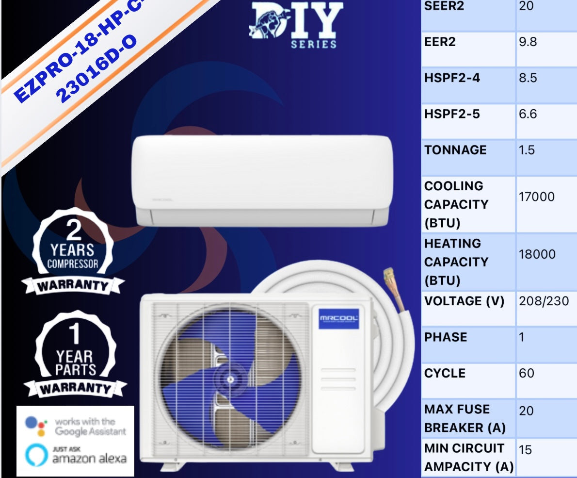 MRCOOL DIY® 5th Gen EasyPro 18,000 BTU Single Zone Mini Split Complete System 230V with 16 ft. DIY Quick Connect Line Set and DIYPRO Cable, EZPRO-18-HP-23016D-O
