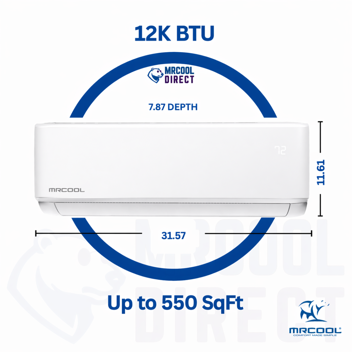 MRCOOL diy select 1st Gen 12K BTU wall mounted air handler white mini split indoor unit DIYS-12-HP-WMAH-115A13-O dimensions, sqft and Btu spec sheet