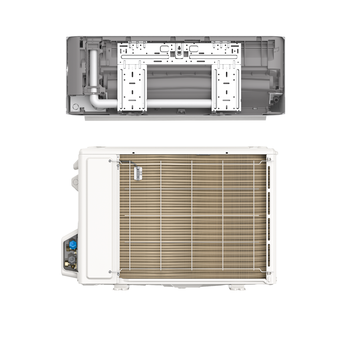 mrcool easy pro 24k air handler wall mounted EZPRO-24-HP-WMAH-230DE-O and condenser back up close view  EZPRO-24-HP-C-23011DE-O