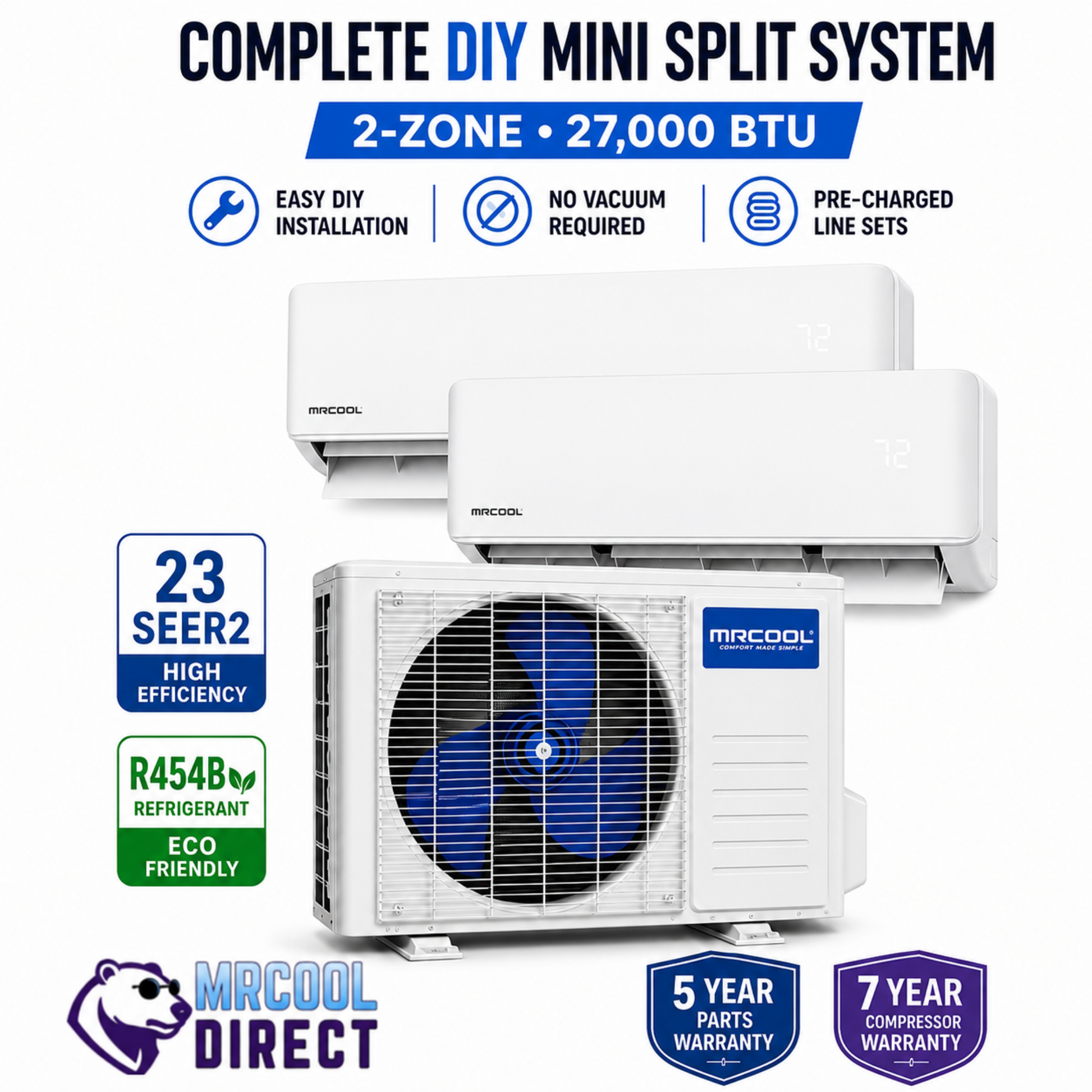 Mrcool diy 5th gen multi 4 zone 27,000 Btu condenser with two 6k Btu and 12k Btu wall mount air handlers with seer, r-454b refrigerant, warranty info sheet on white background 