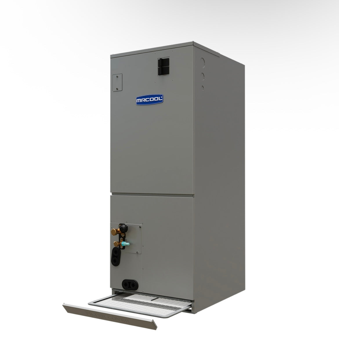 MRCOOL DIY Hybrid 36k ducted air handler Front and angle view showing filter opened