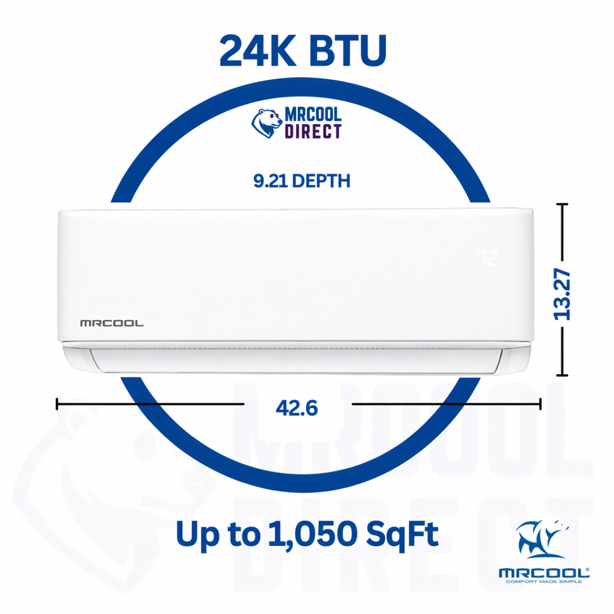 MRCOOL DIY Select 1st
Gen - R454B -
24K BTU 230V
White Wall
Mounted Air
Handler - dominions, sqft and Btu spec sheet 