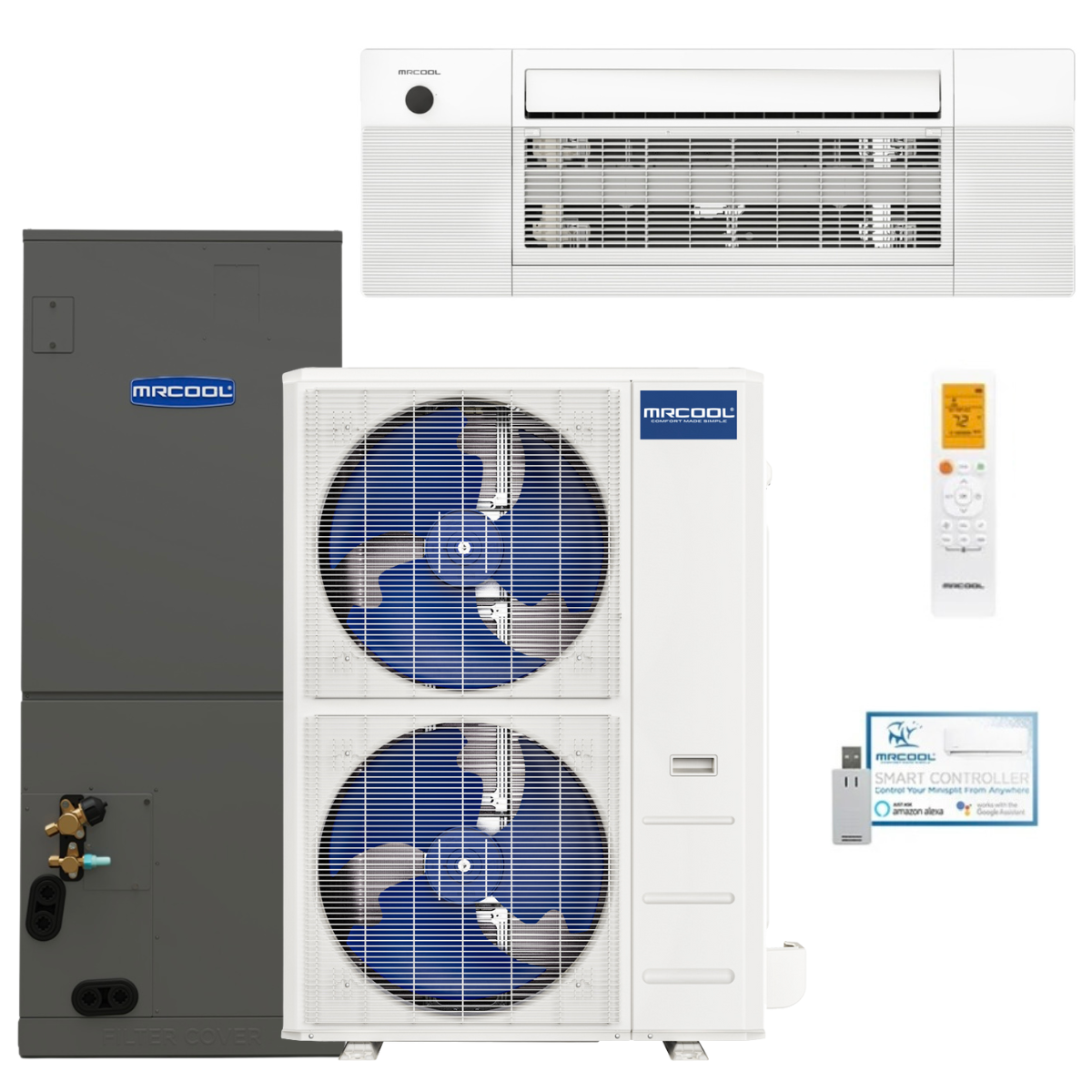 MRCOOL® DIY® 5th Gen Hybrid Multi-Zone 55,000 BTU 22 SEER2 Ducted & Ceiling Cassette Heat Pump System (36K Air Handler + 18K OuttaSight)