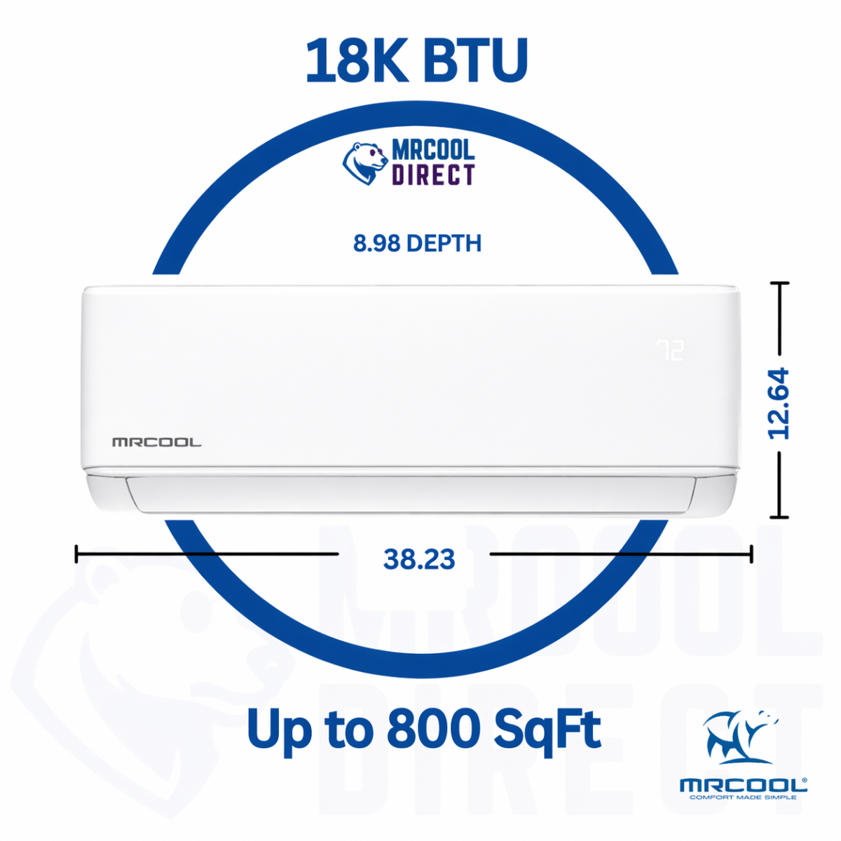 MRCOOL 18K wall mounted air handler mini split indoor unit DIYS-18-HP-WMAH-230A13-O dimensions, Btu, and sqft spec sheet 