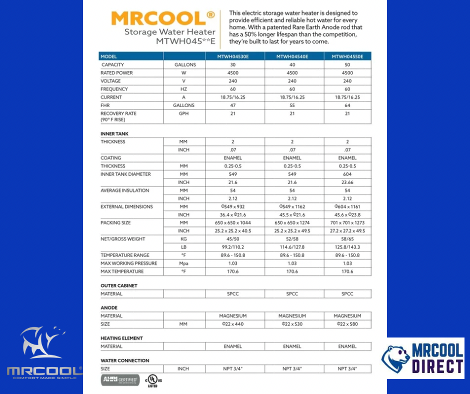 MRCOOL hot water heater spec sheet 
