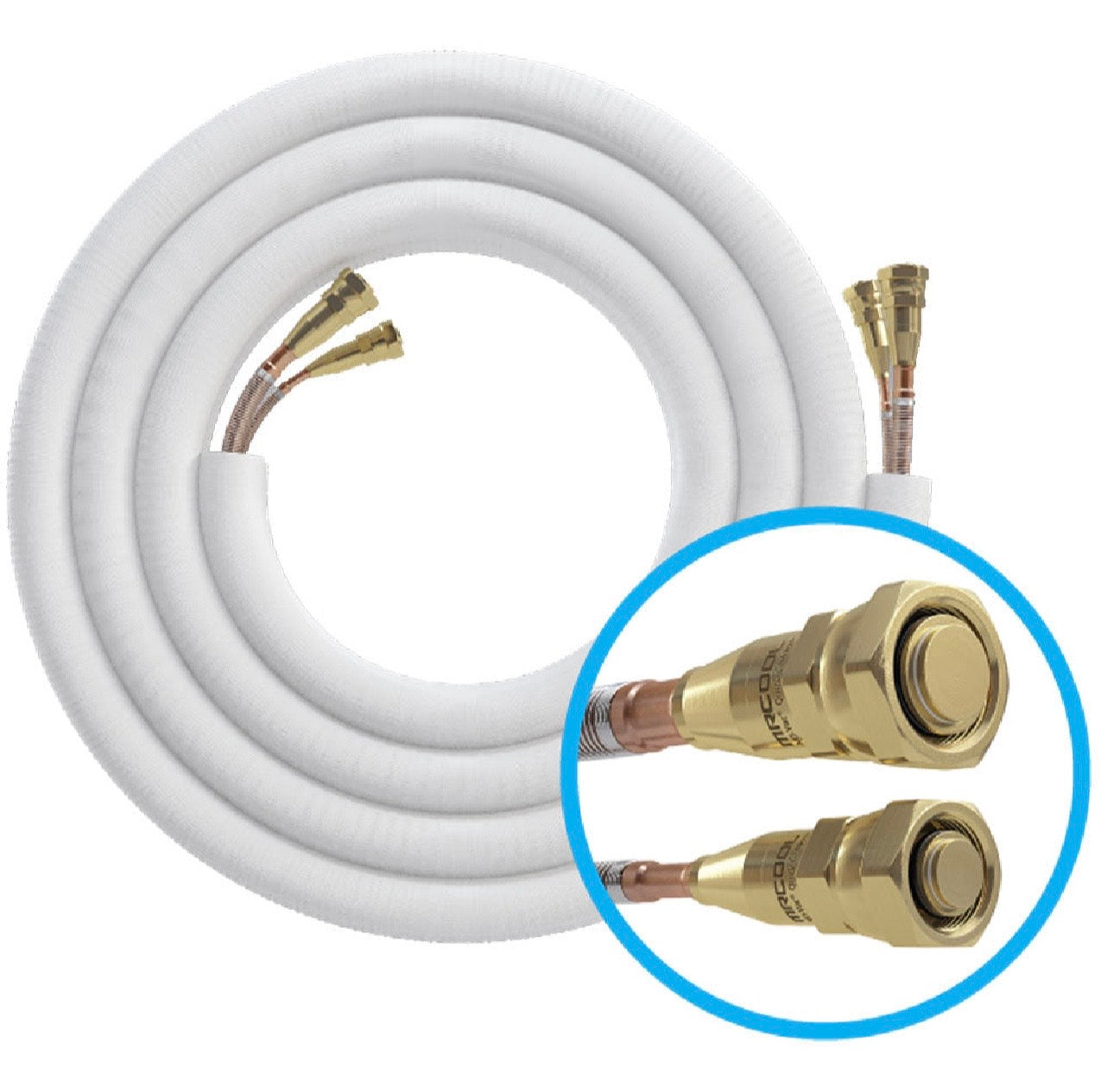 MRCOOL DIY 5th Gen r-454b refrigerant pre charged line set showing quick connect ends view on white background. 