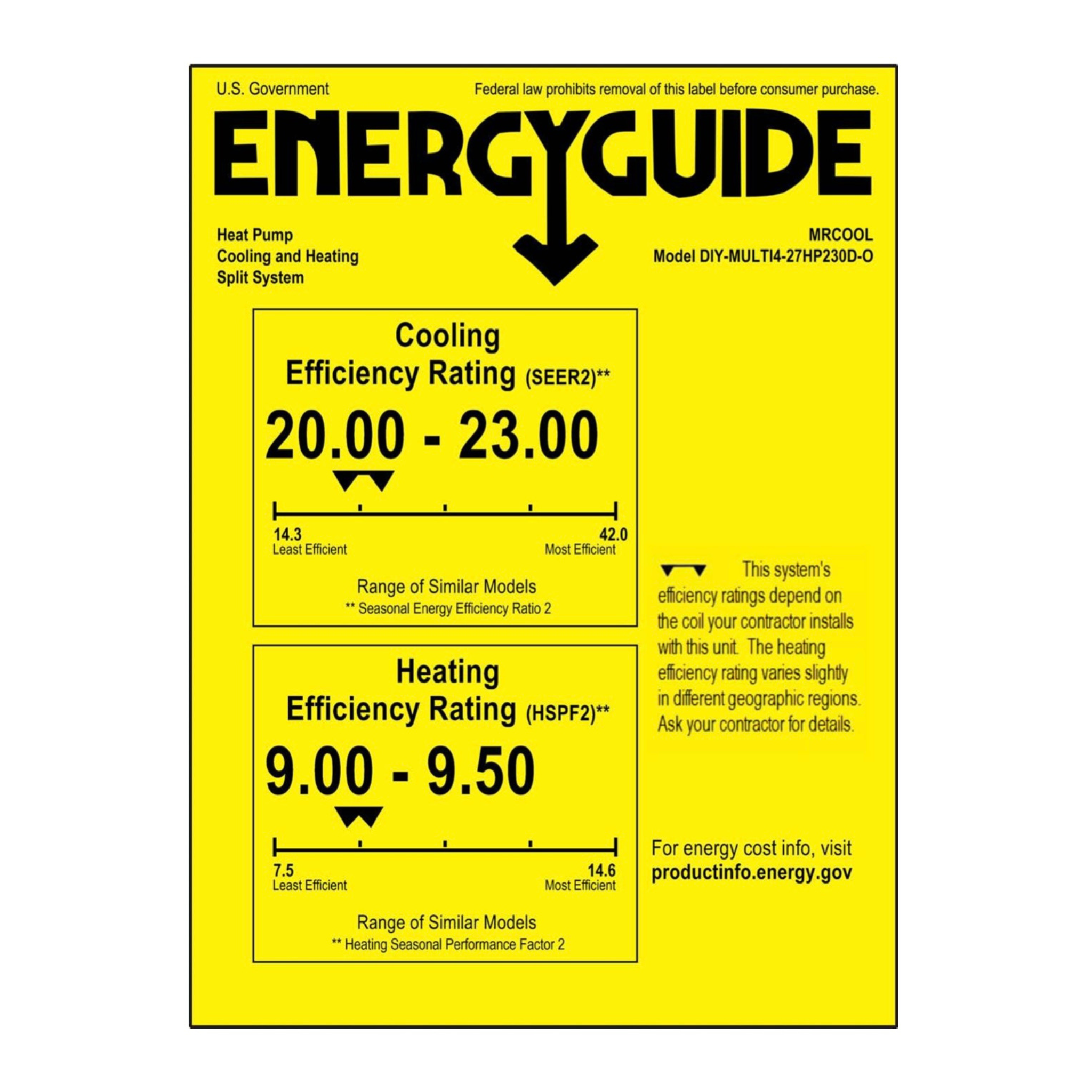 Mrcool diy 5th gen multi zone 27k Btu DIY-MULTI4-27HP230D-O energy guide on white background 