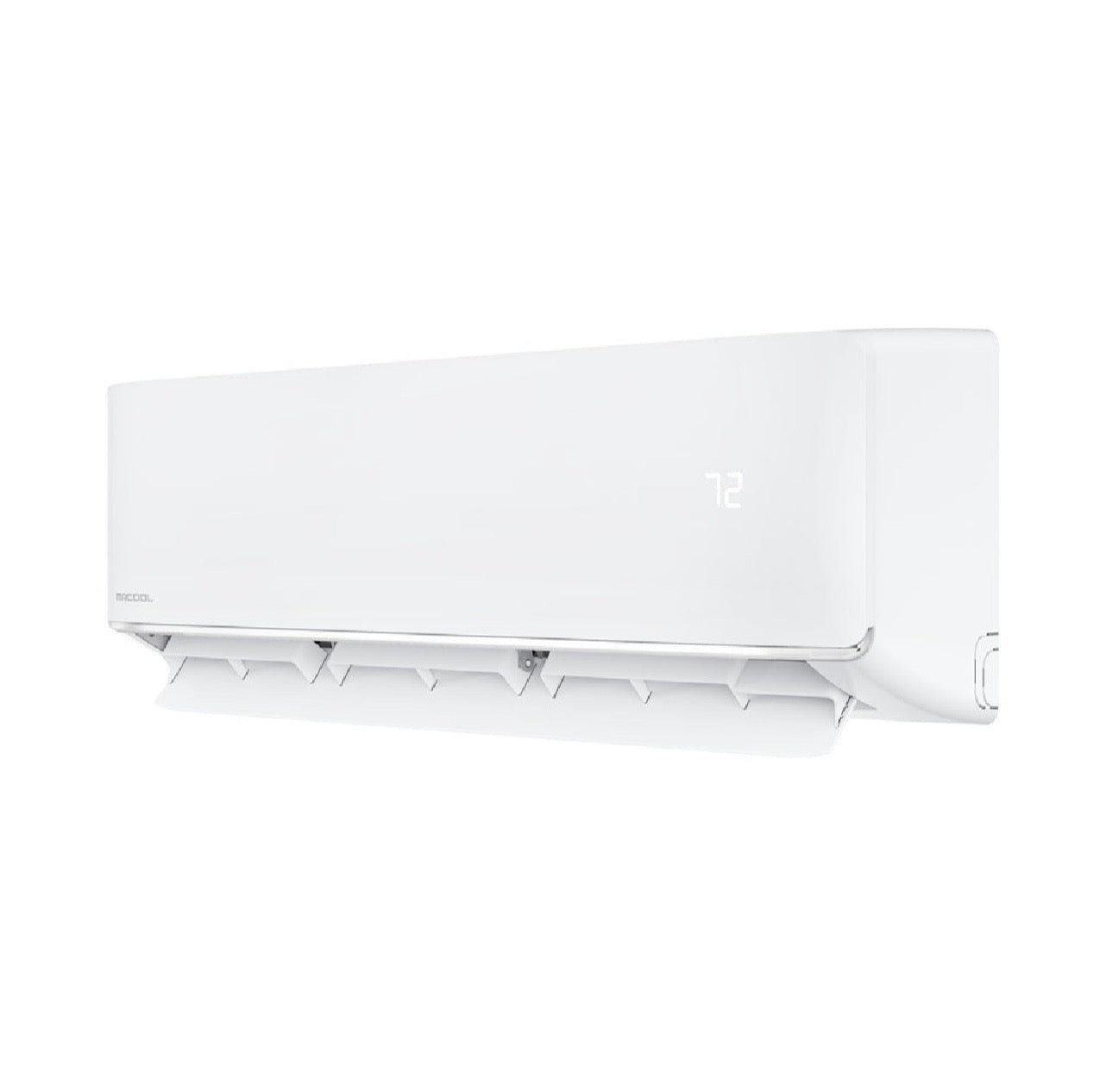 MRCOOL DIY 5th Gen wall mount air handler front and right side angle view  on white background. 