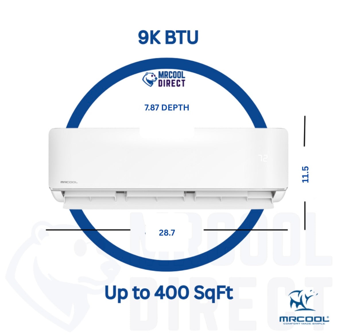Mrcool DIY Select 1st Gen - R454B - 9K BTU 115V White Wall Mounted Air Handler dimensions, Btu and sqft spec sheet