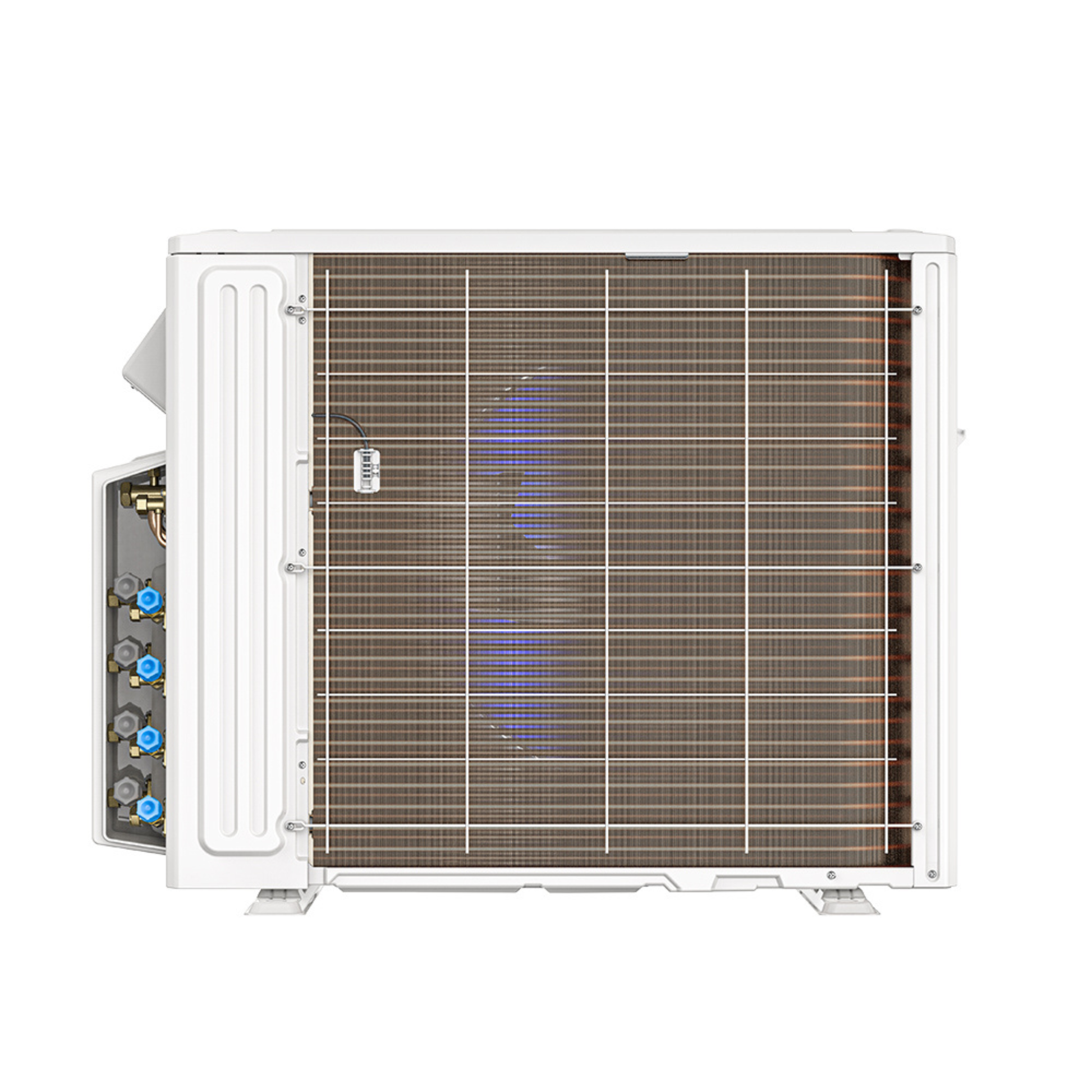 MRCOOL DIY 5th Gen 4-Zone 27,000 BTU ductless mini split outdoor heat pump condenser back view showing ports for quick connect pre charged line sets. DIY-MULTI4-27HP230D-O