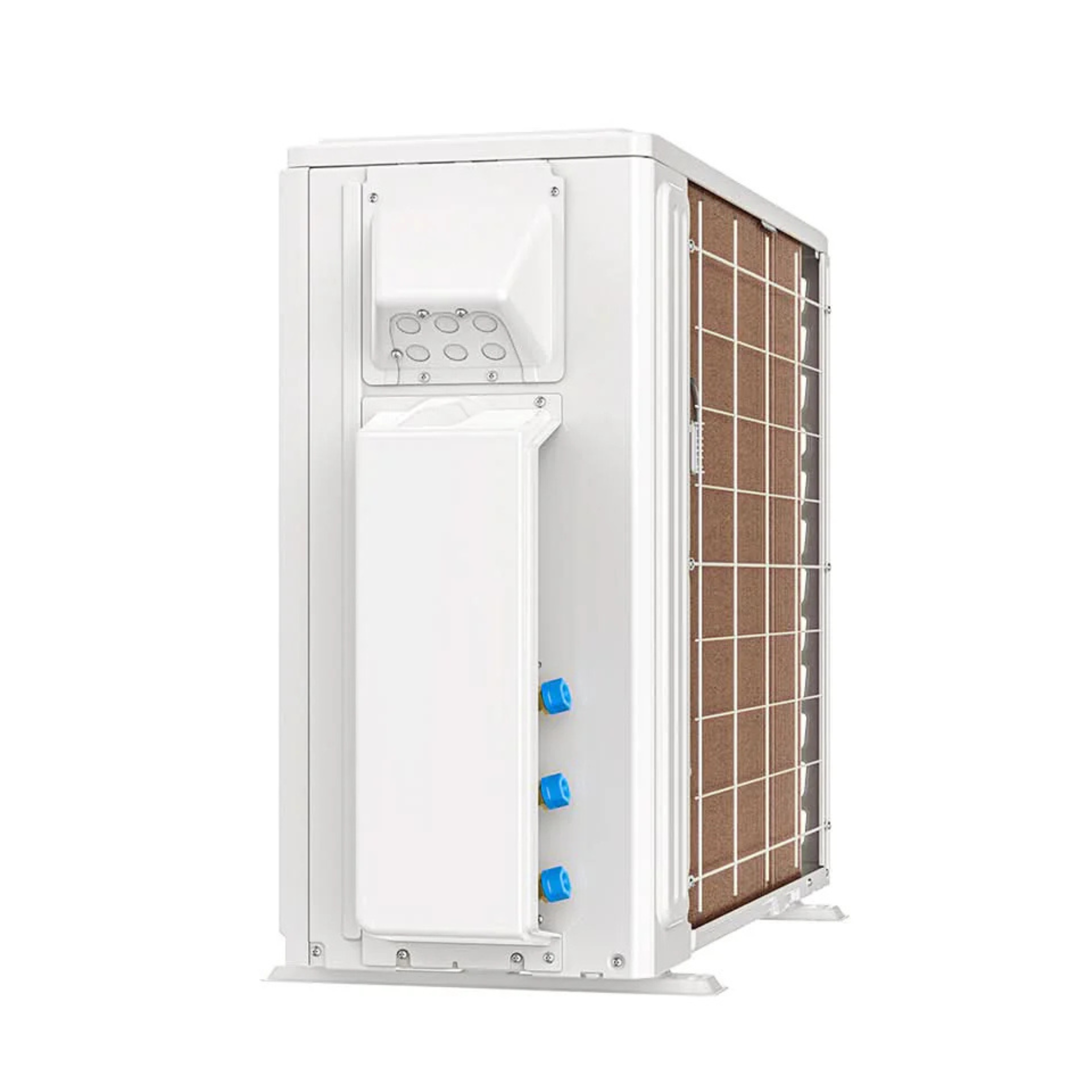 Mrcool DIY 5th gen multi 3 zone 18k btu condenser DIY-MULTI3-18HP230D-O  r-454b refrigerant side and back view showing the ports for quick connect line sets with white background 