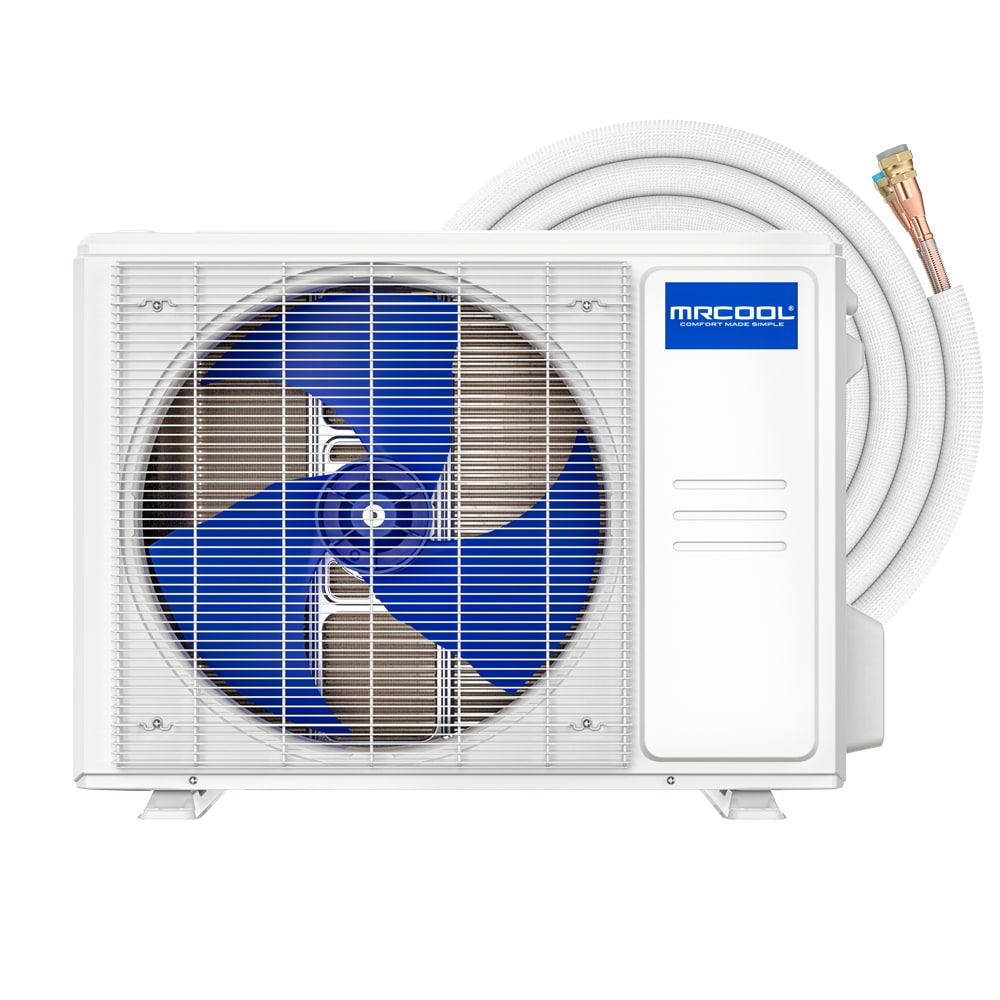 mrcool easy pro condenser 115v outdoor unit EZPRO-12-HP-C-11511DE-O up close front picture With line set 
