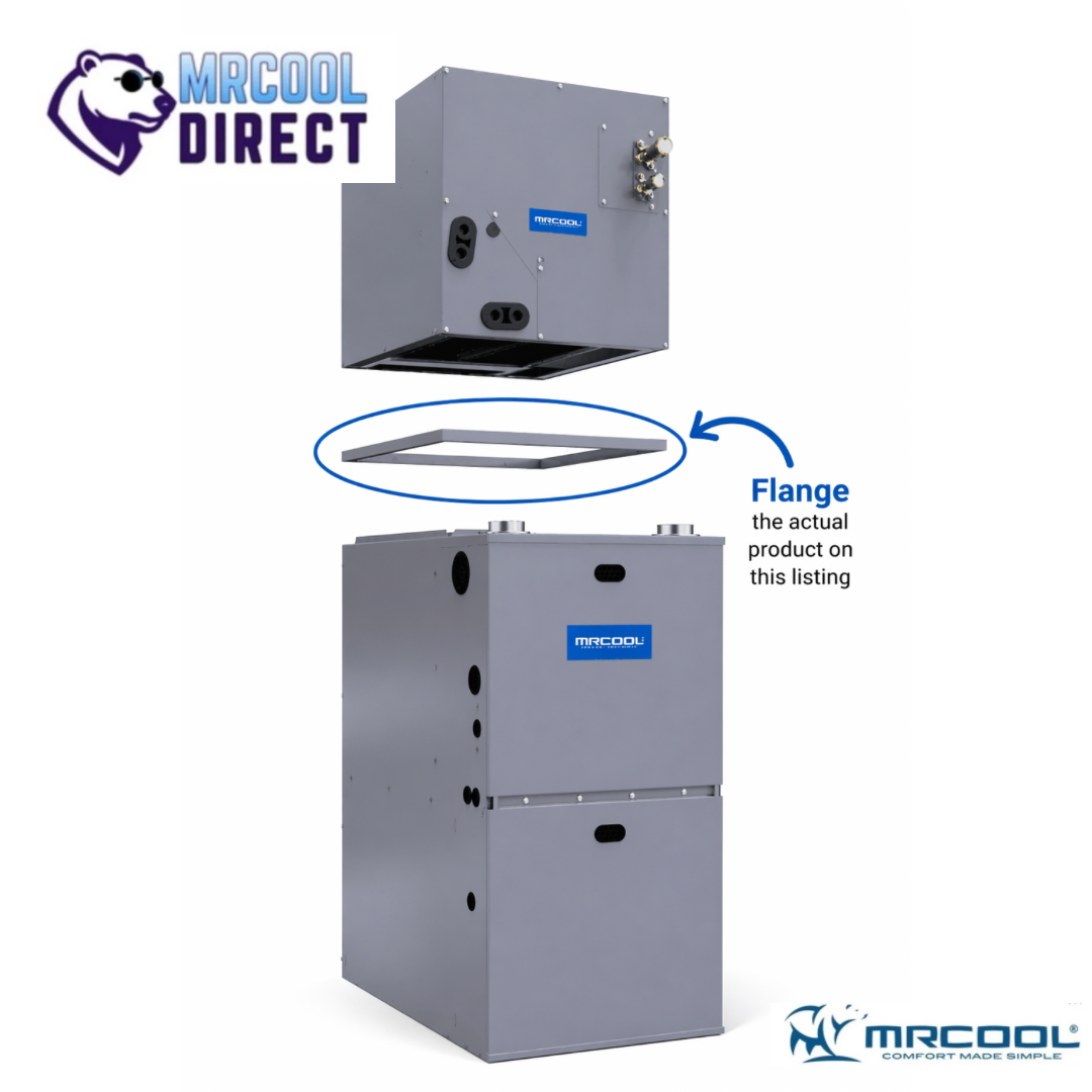 MRCOOL Versa Pro furnace and coil unit with a flange highlighted, showing where it goes featuring the MRCOOL Direct logo.