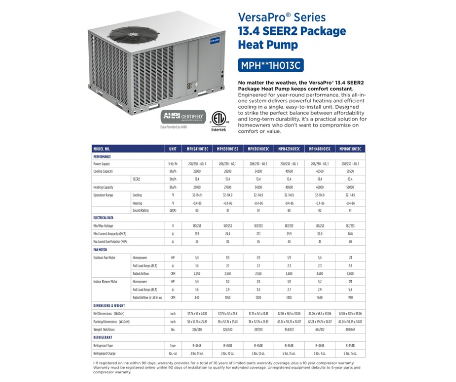 MRCOOL VersaPro all in one heat pump outdoor unit Spec sheet 