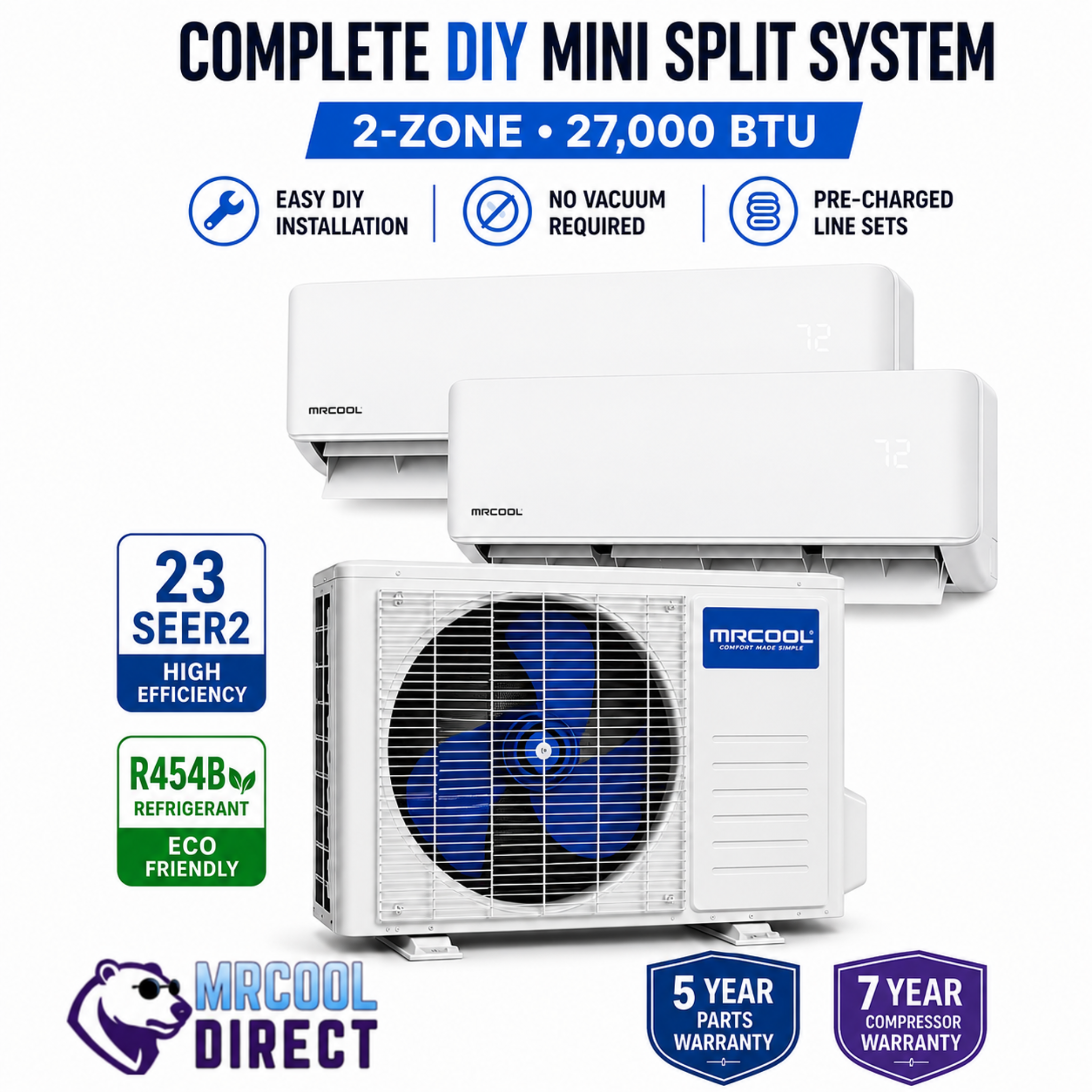 MRCOOL DIY 5th Gen 2-Zone 27,000 BTU ductless mini split complete system with two wall mounted air handlers and outdoor heat pump condenser with seer,warranty,refrigerant info photo with white background 