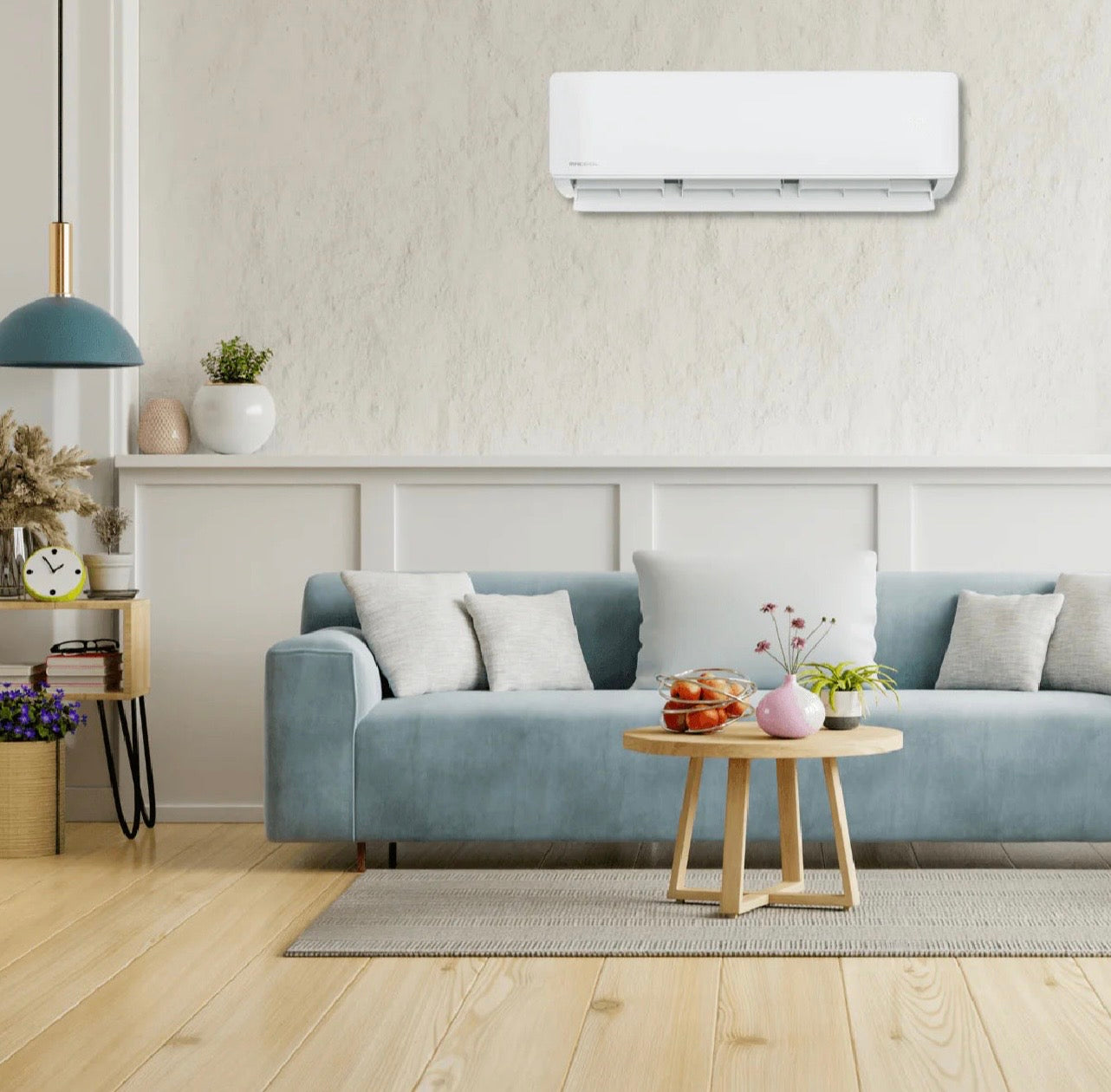 Mrcool diy 5th gen 220v 9k Btu wall mount air handler  DIY-09-HP-WMAH-230D25-0  r-454b refrigeration front view installed inside living room 