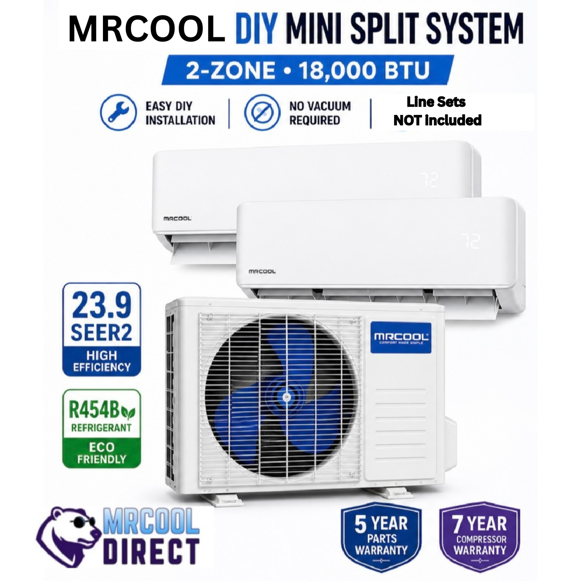 Mrcool multi 18k two zone tow air handlers, condenser, seer, r454b refrigerant, warranty sheet white background 