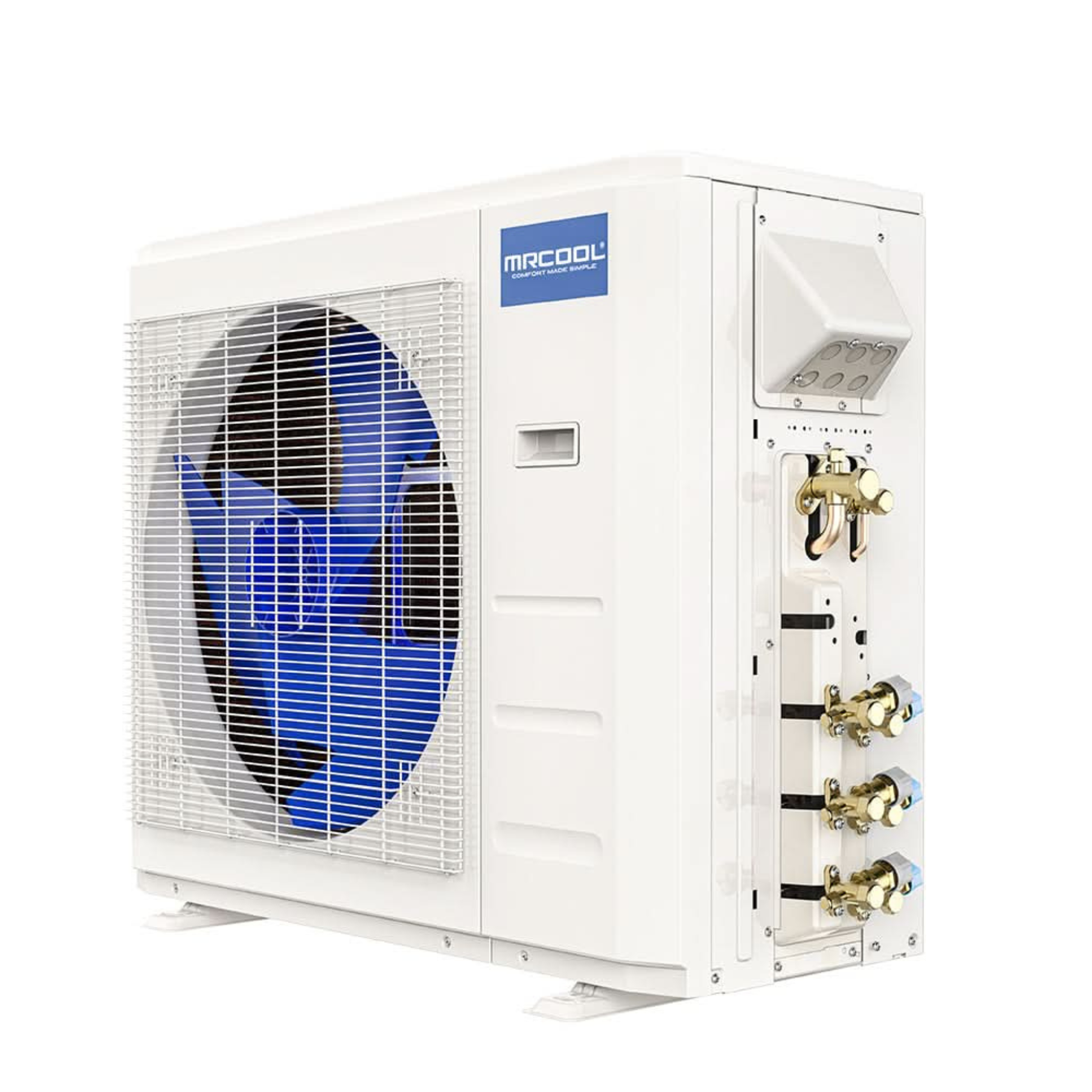 Mrcool DIY 5th gen multi 3 zone 18k btu condenser DIY-MULTI3-18HP230D-O  r-454b refrigerant front and side view short the ports for quick connect line sets with white background 