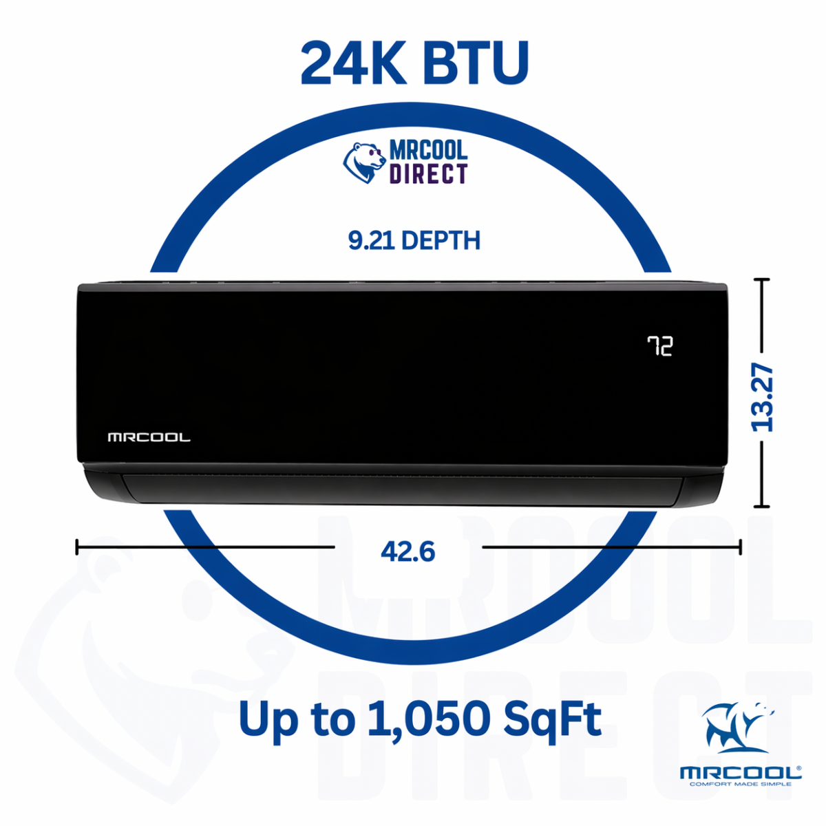 MRCOOL black wall mounted 24k BTU mini split air handler DIYS-24-HP-B-WMAH-230A13-O front close dimensions, sqft and btu spec sheet 