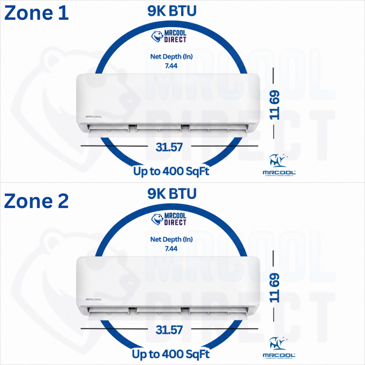 Mrcool two 5th gen multi zone 9k air handlers, dimensions, sqft and Btu  spec sheet. 