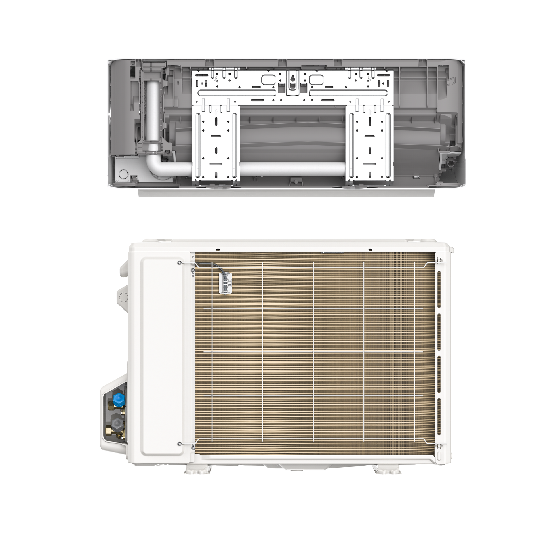 Mrcool DIY EasyPro condenser and air handler back views together 
