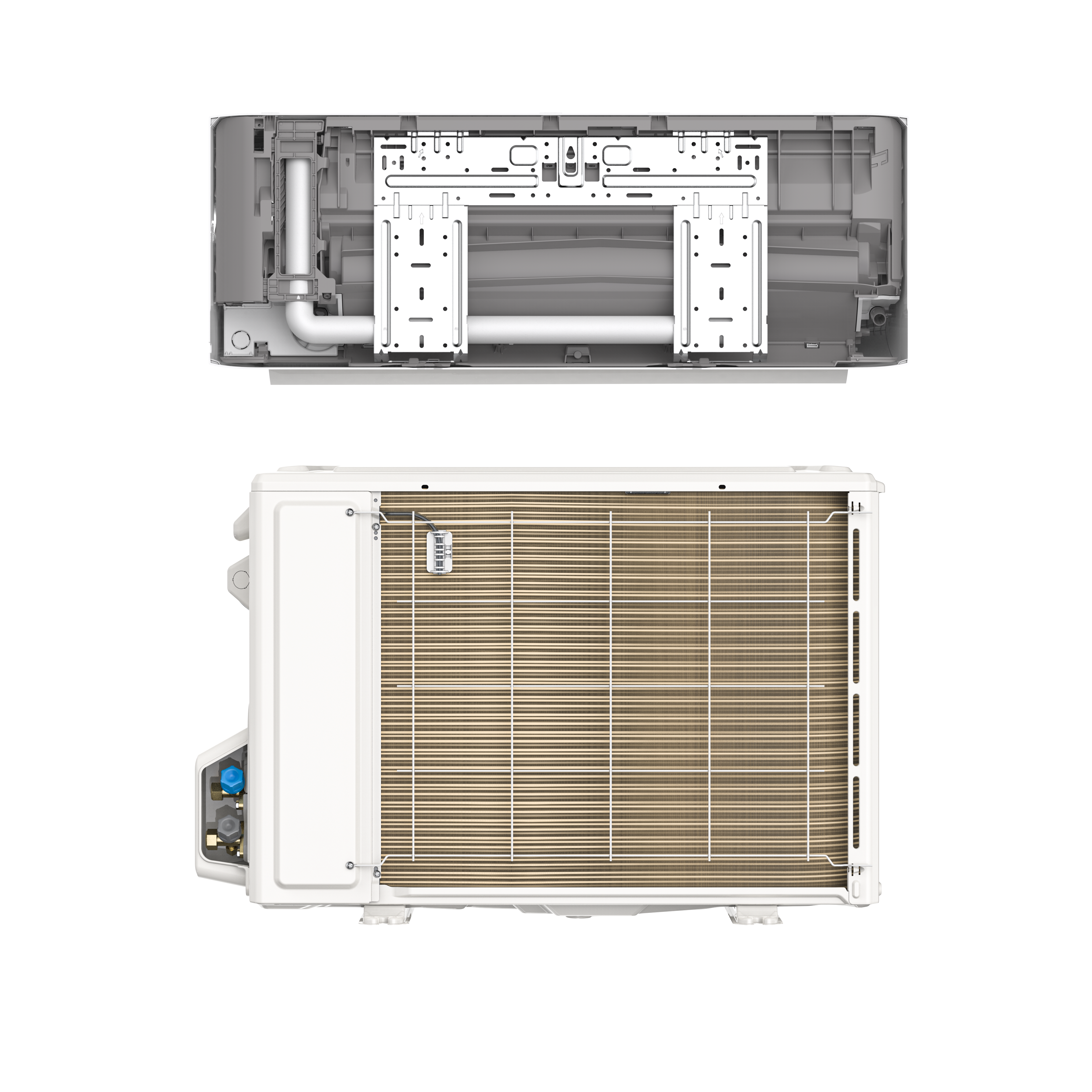 Mrcool DIY EasyPro condenser and air handler back views together 