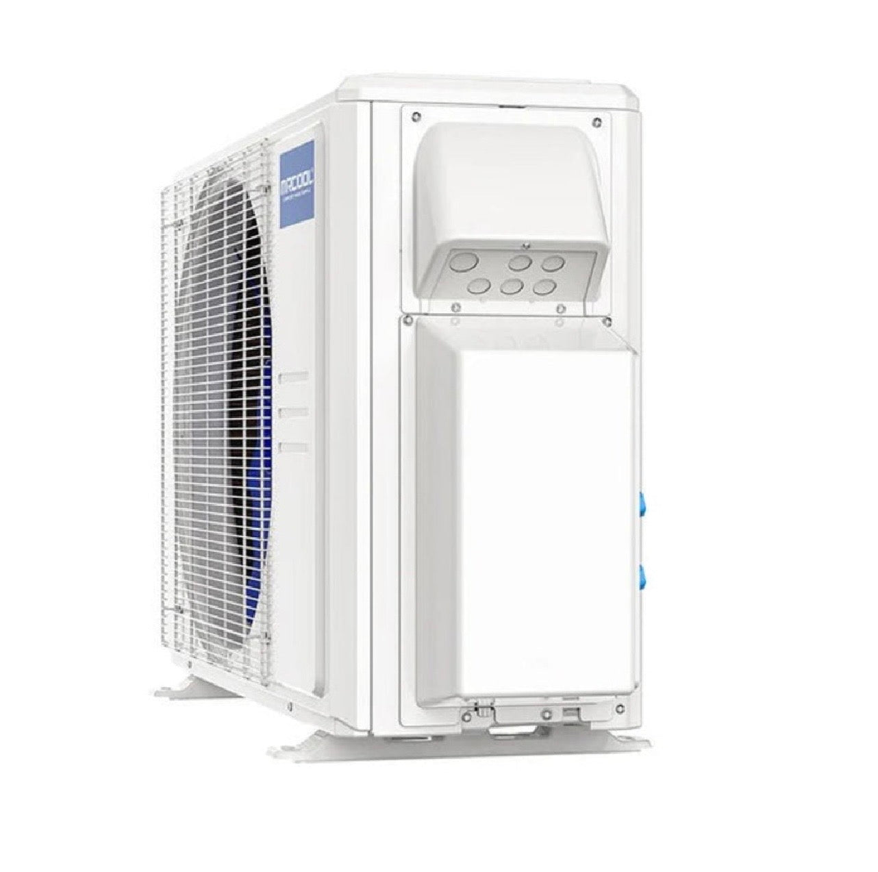 MRCOOL DIY 5th Gen 4-Zone 27,000 BTU ductless mini split outdoor heat pump condenser side view showing port cover on for quick connect pre charged line sets. DIY-MULTI4-27HP230D-O