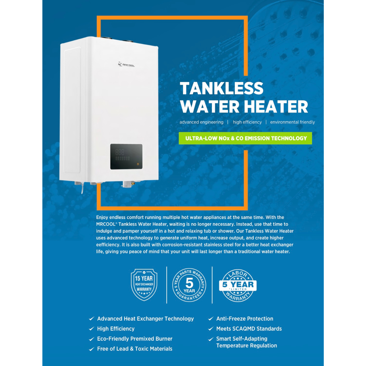 MRCOOL tankless hot water heater warranty and info sheet 