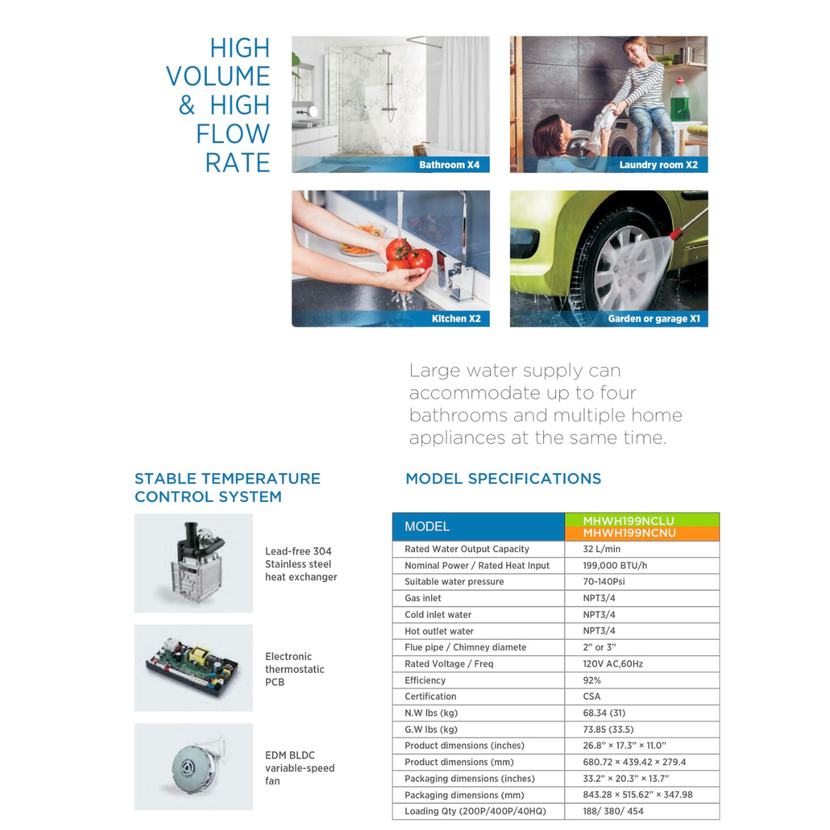 MRCOOL tankless hot water heater spec sheet