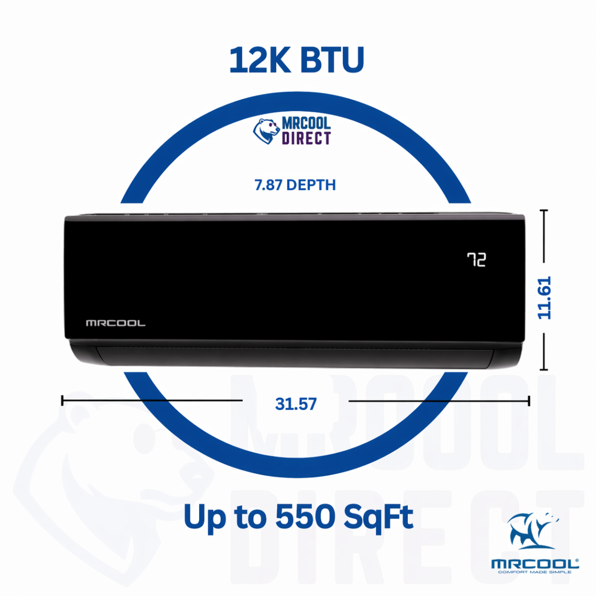 MRCOOL black wall mounted mini split air handler 12K BTU DIYS-12-HP-B-WMAH-115A13-O front view, dimensions, btu and sqft spec sheet 