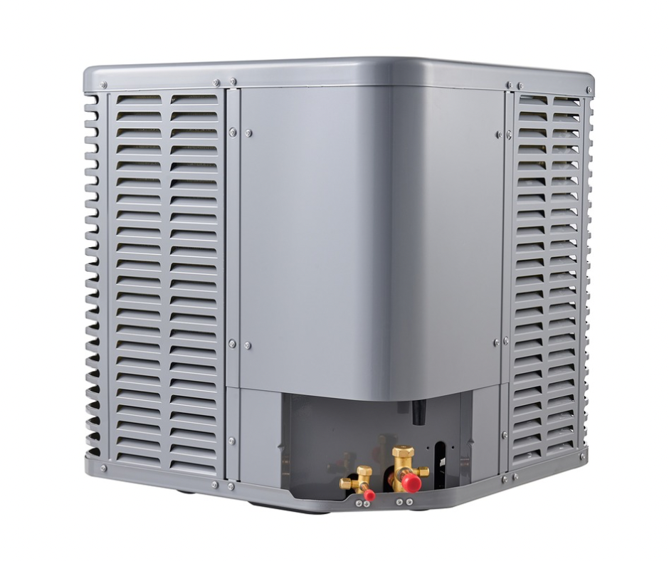 MRCOOL 3 ton cooling only AC condenser R-454B Side angle view showing ports 