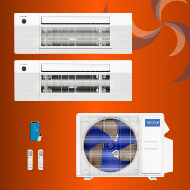 MRCOOL Direct 2 zone 1 fan condenser with two ceiling cassettes and no line sets.