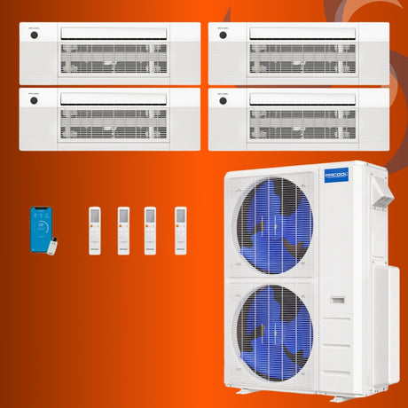 MRCOOL Direct 4 Zone Condenser and 4 ceiling cassettes and no line sets.