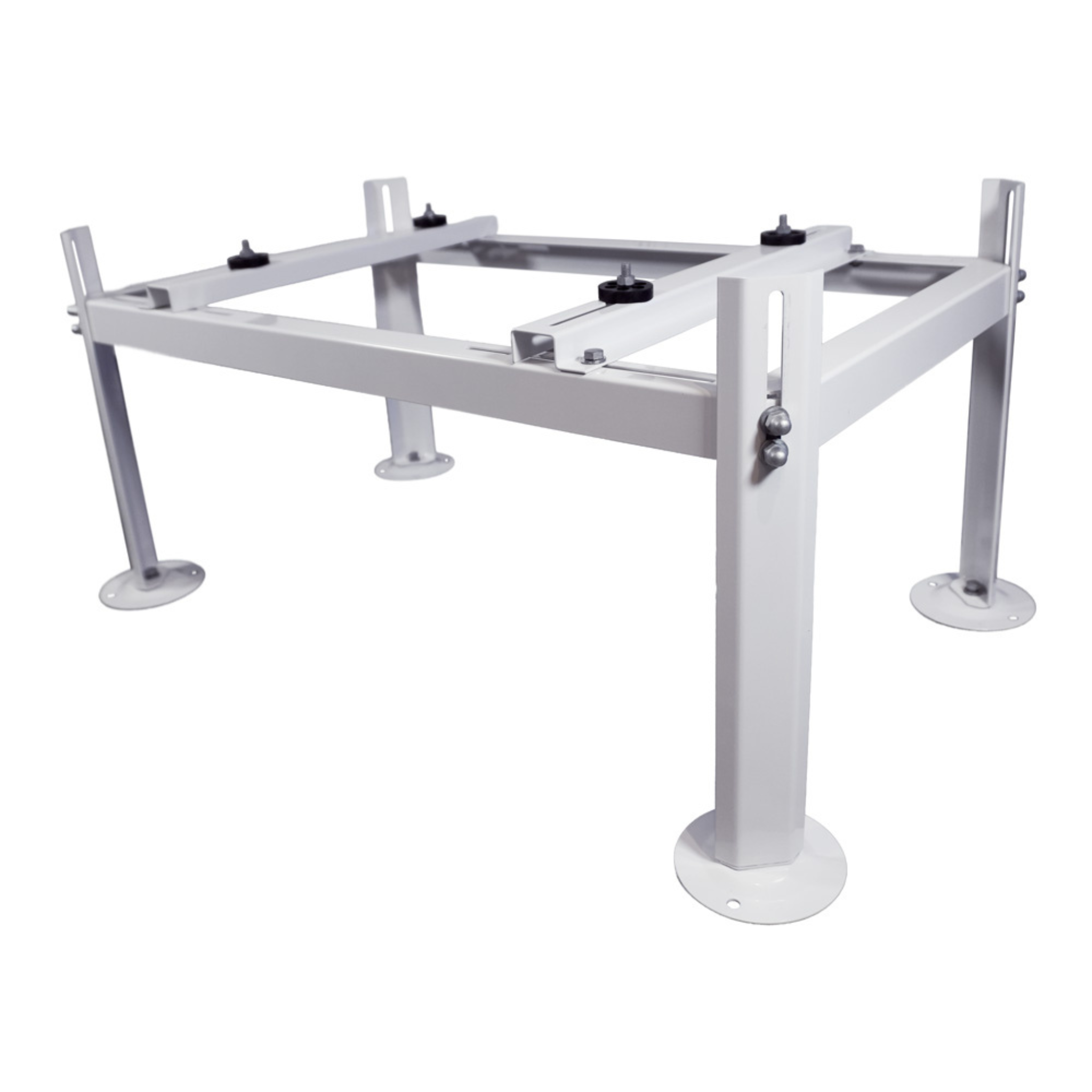 45-degree front angle view of the CoolGuard ACB-J02 Weldbracket adjustable outdoor condenser stand with galvanized steel construction, adjustable mounting rails, vibration isolation pads, and 220 lb capacity for side discharge mini split and heat pump condensers.
