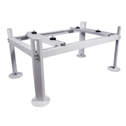 CoolGuard ACB-J02 Weldbracket adjustable outdoor condenser stand for side discharge mini split and heat pump systems featuring galvanized steel construction, adjustable mounting rails, vibration isolation pads, and a 220 lb load capacity.
