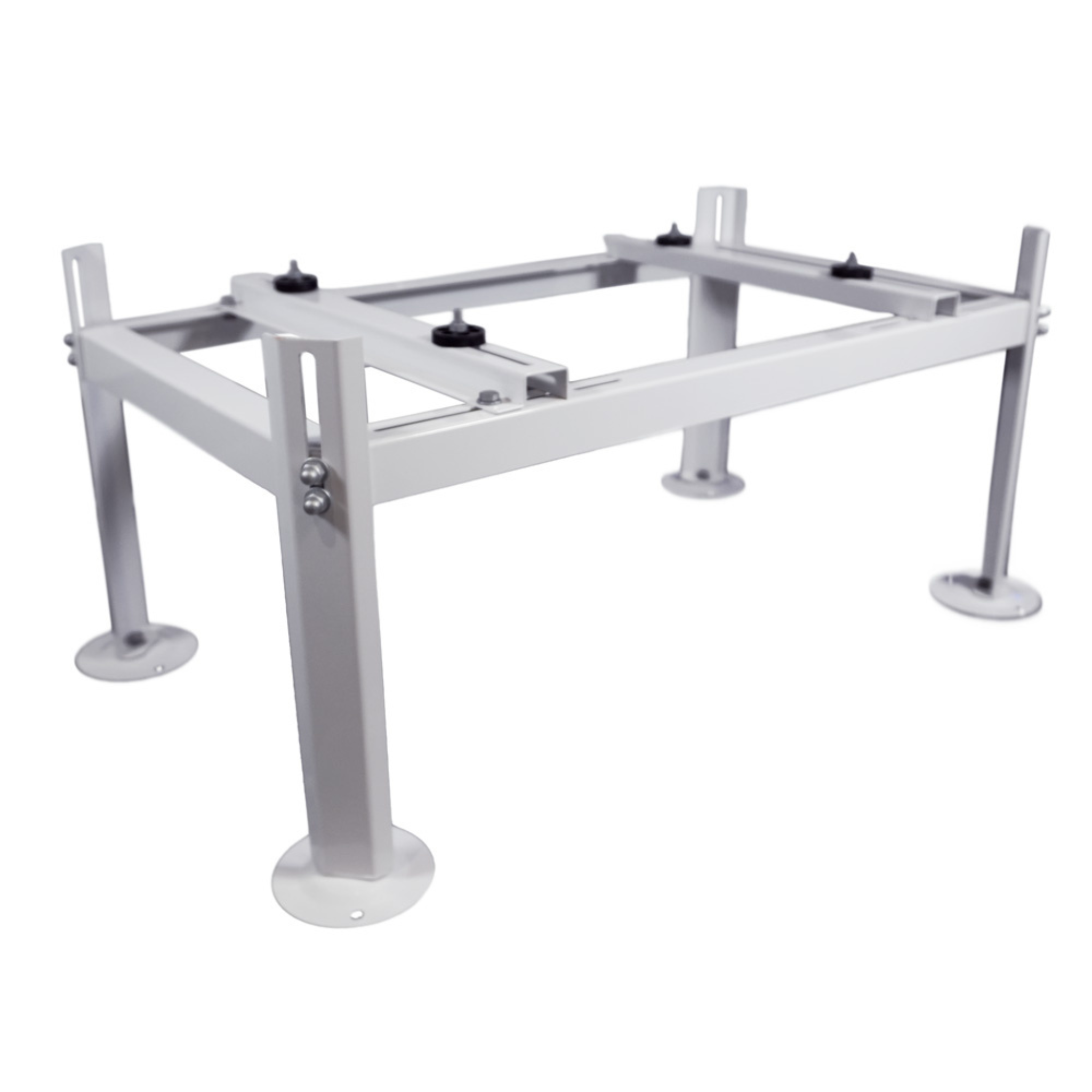 CoolGuard ACB-J02 Weldbracket adjustable outdoor condenser stand for side discharge mini split and heat pump systems featuring galvanized steel construction, adjustable mounting rails, vibration isolation pads, and a 220 lb load capacity.