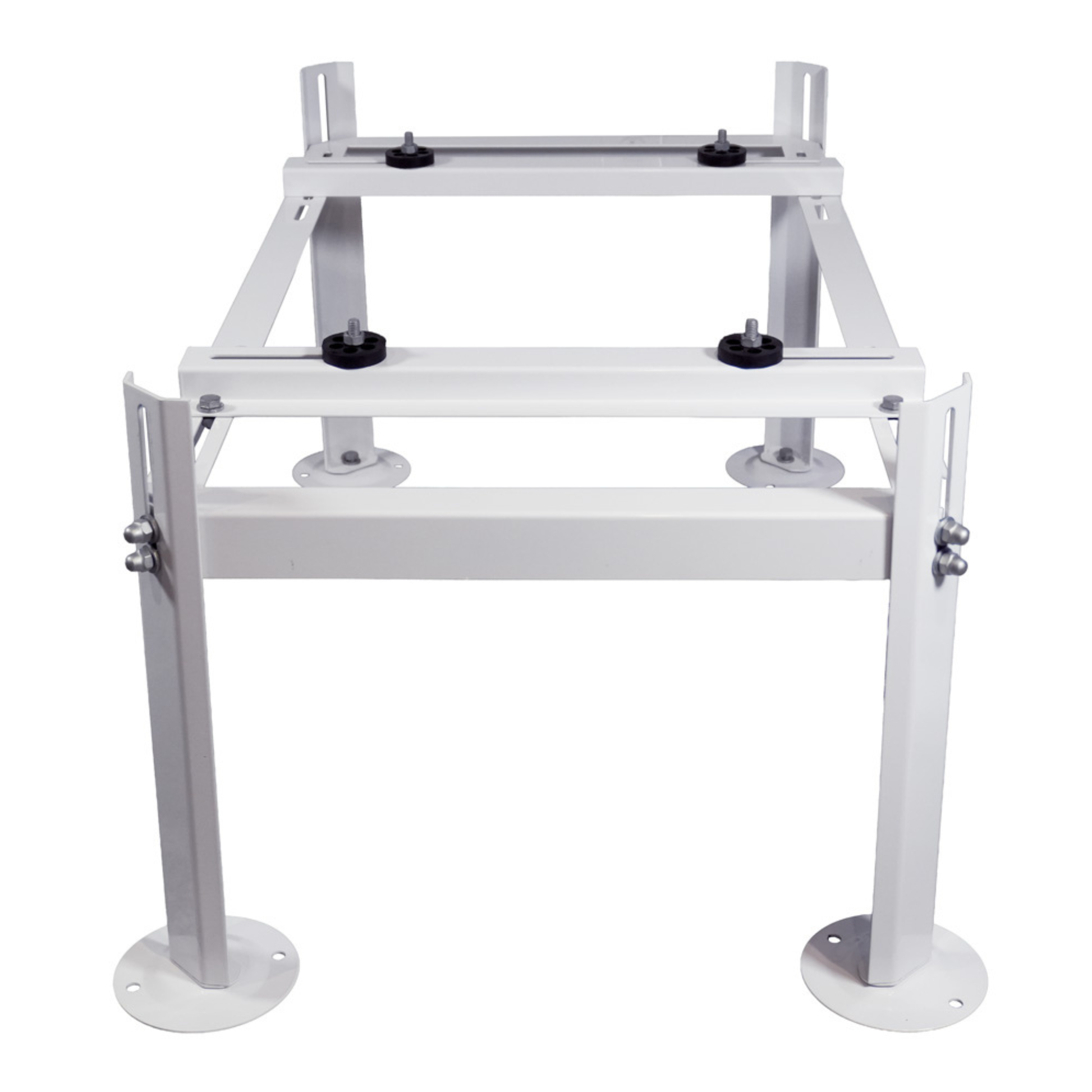 Front view of the CoolGuard ACB-J02 Weldbracket adjustable outdoor condenser stand featuring galvanized steel construction, adjustable mounting rails, vibration isolation pads, and 220 lb capacity for side discharge mini split and heat pump outdoor units.