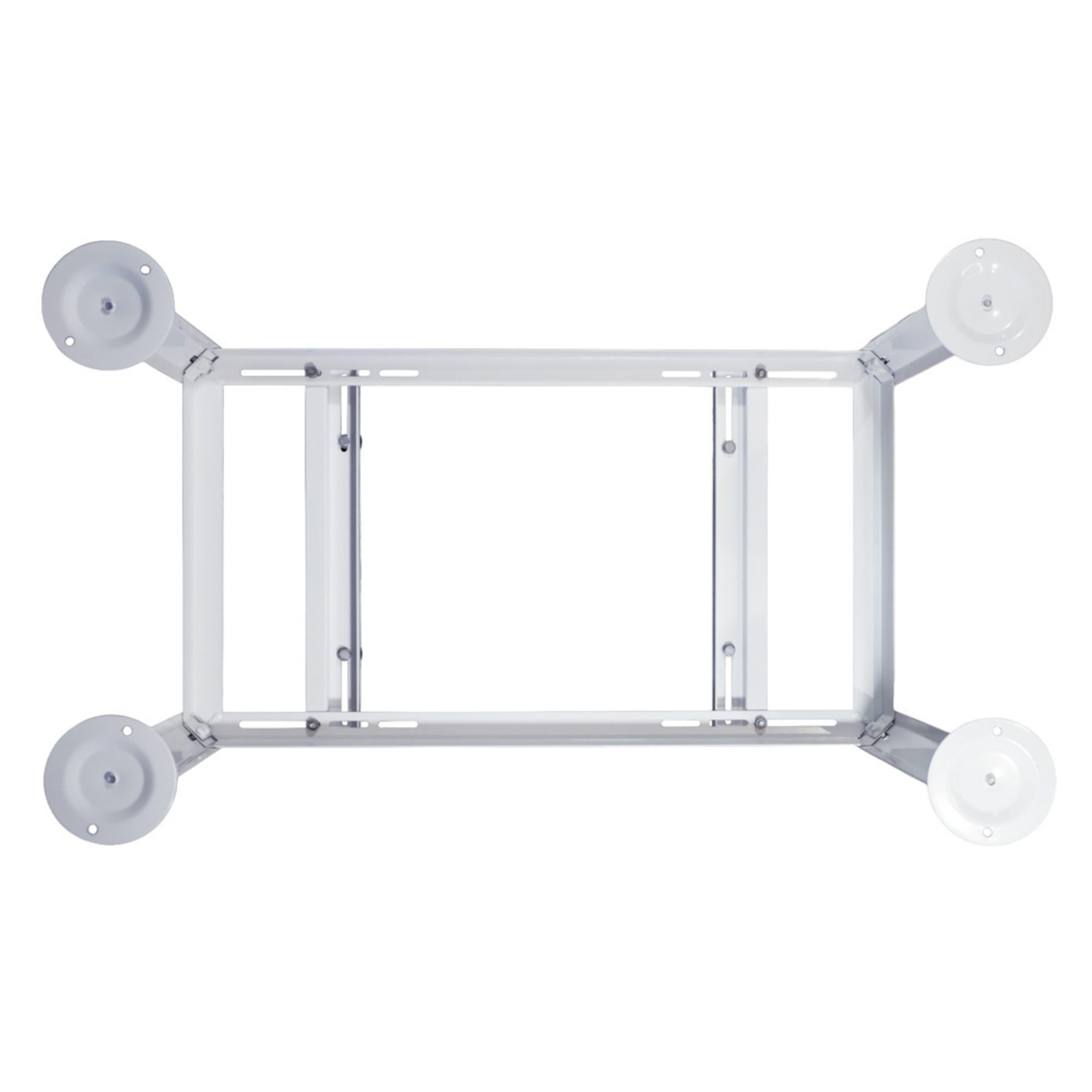 Bottom view of the CoolGuard ACB-J02 Weldbracket adjustable outdoor condenser stand showing the galvanized steel frame, adjustable support rails, four mounting feet, and heavy-duty construction for side discharge mini split and heat pump outdoor units up to 220 lbs.