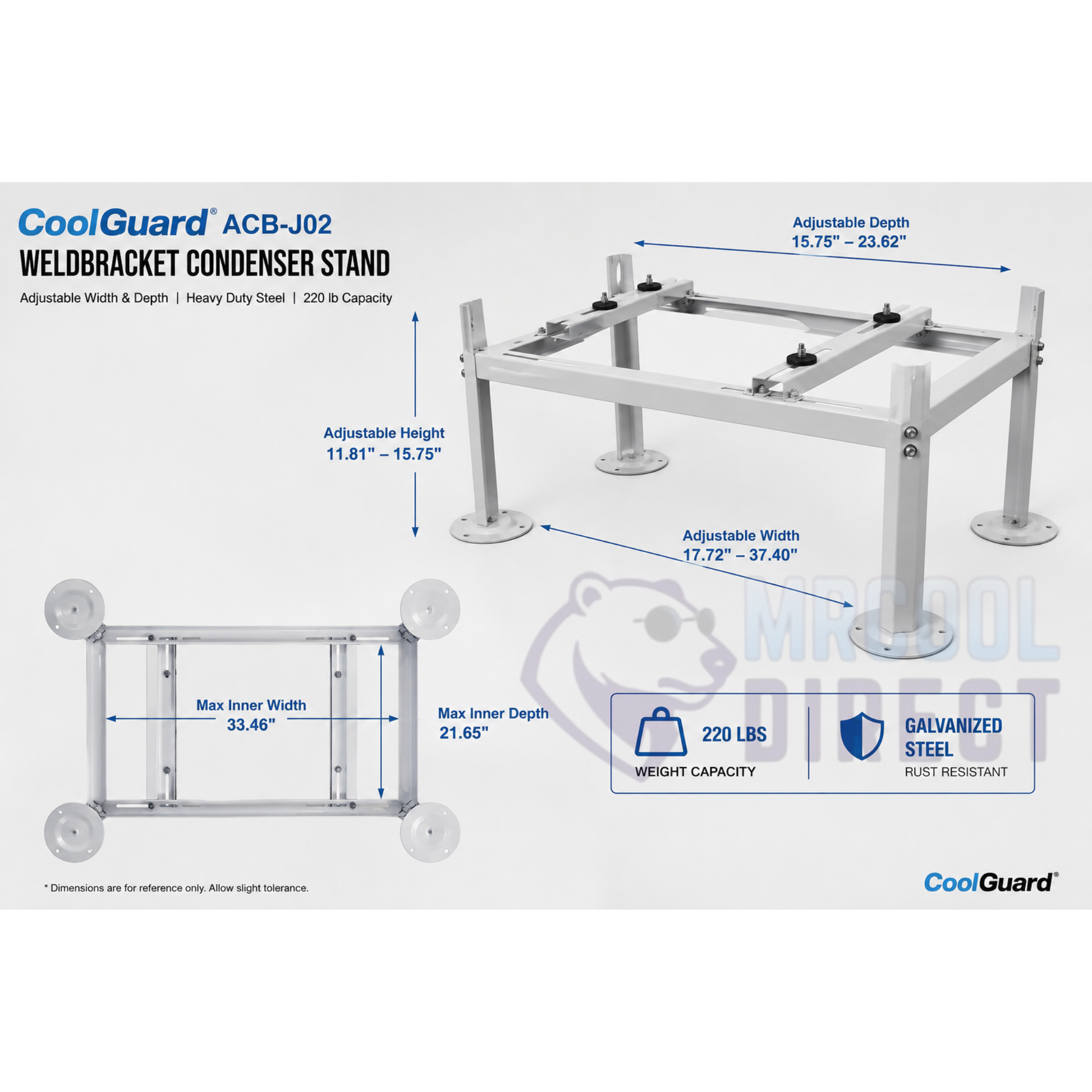 CoolGuard ACB-J02 Weldbracket condenser stand dimensions and specifications showing adjustable width from 17.72 to 37.40 inches, adjustable depth from 15.75 to 23.62 inches, adjustable height from 11.81 to 15.75 inches, maximum inner dimensions, 220 lb weight capacity, and galvanized steel construction for side discharge mini split and heat pump outdoor units.