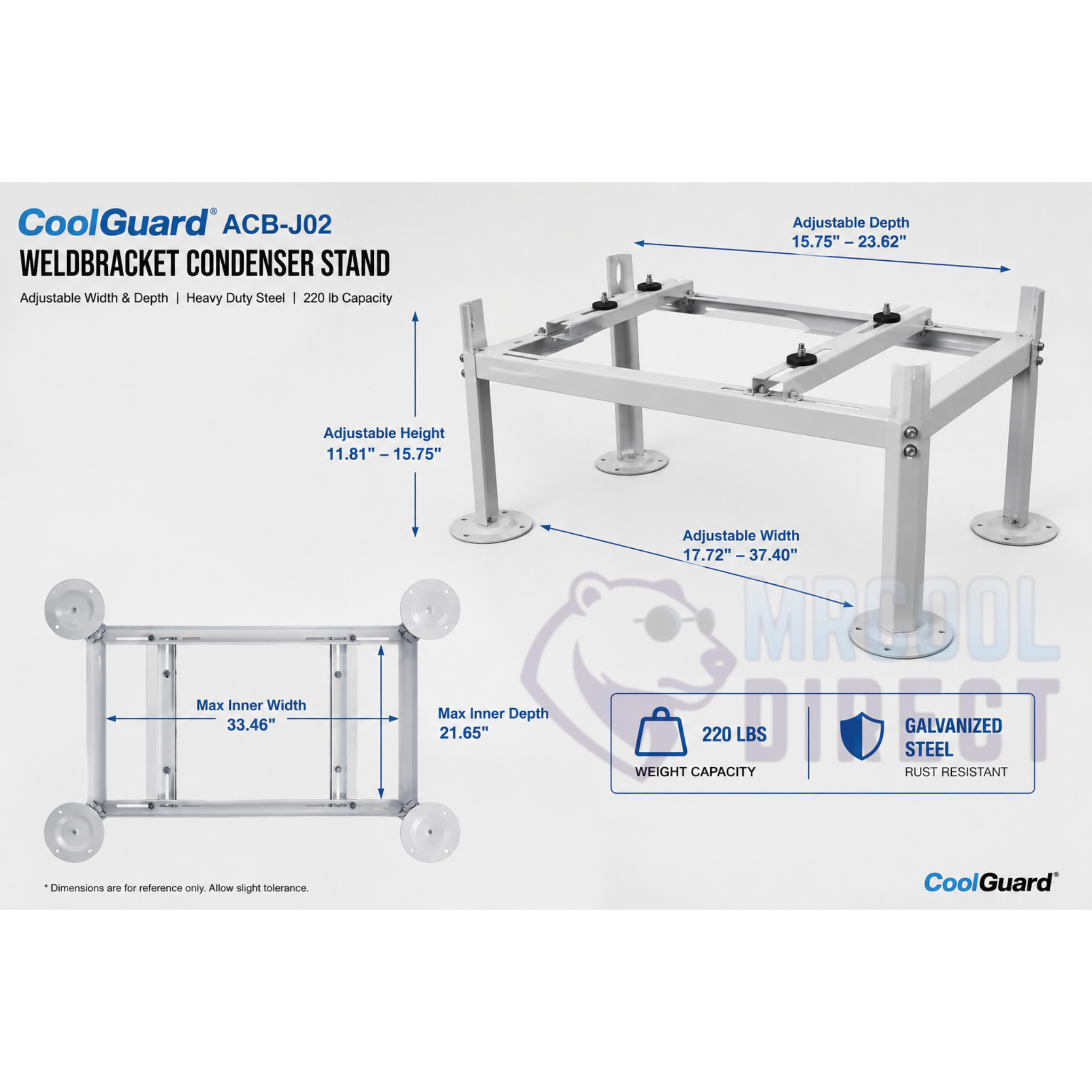 CoolGuard ACB-J02 Weldbracket condenser stand dimensions and specifications showing adjustable width from 17.72 to 37.40 inches, adjustable depth from 15.75 to 23.62 inches, adjustable height from 11.81 to 15.75 inches, maximum inner dimensions, 220 lb weight capacity, and galvanized steel construction for side discharge mini split and heat pump outdoor units.