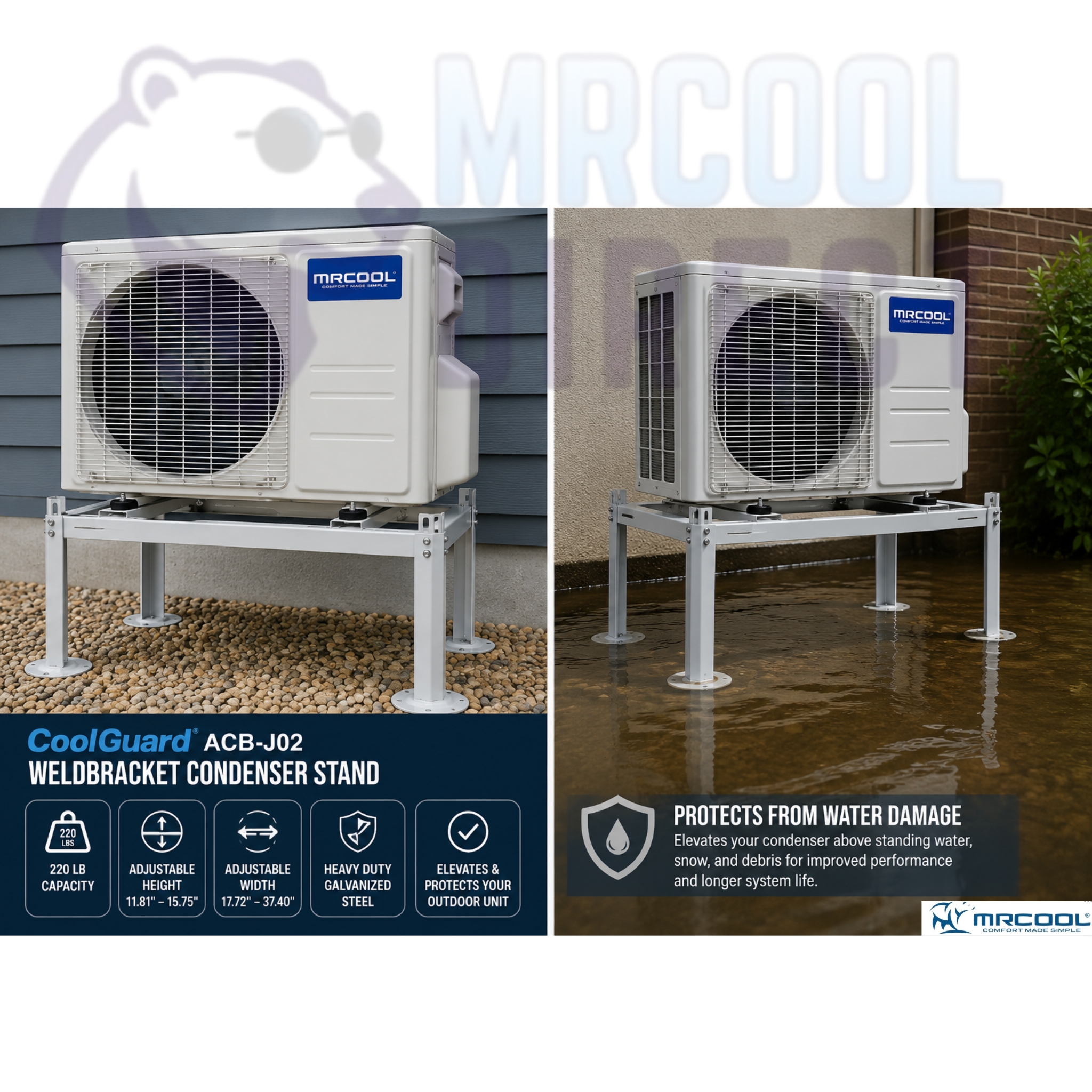 MRCOOL mini split outdoor condenser installed on the CoolGuard ACB-J02 Weldbracket condenser stand, demonstrating elevated protection from standing water, flooding, snow, and outdoor debris while maintaining proper airflow.