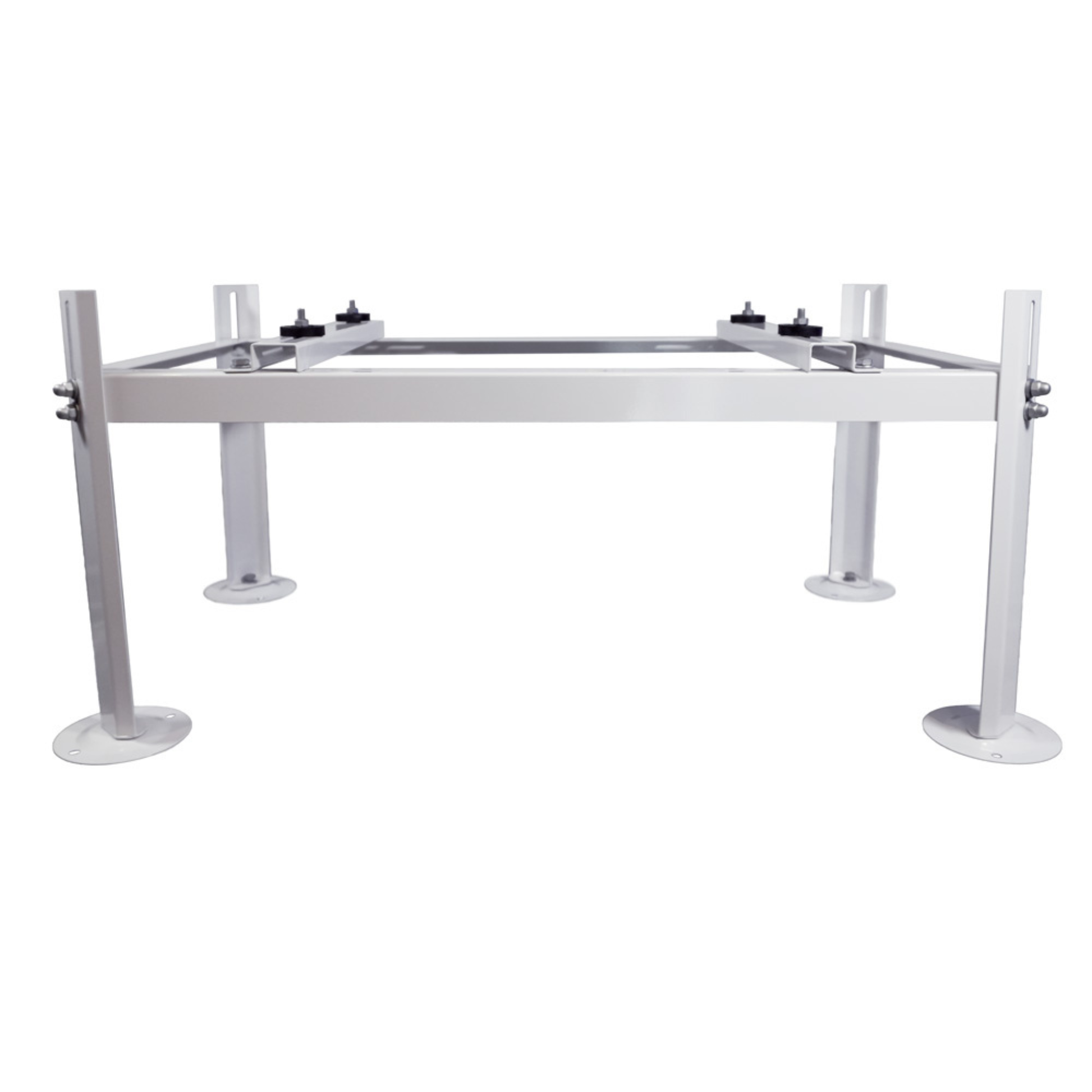 Front view of the CoolGuard ACB-J02 Weldbracket adjustable outdoor condenser stand with galvanized steel frame, adjustable mounting rails, vibration isolation pads, and 220 lb capacity for side discharge mini split and heat pump condensers.