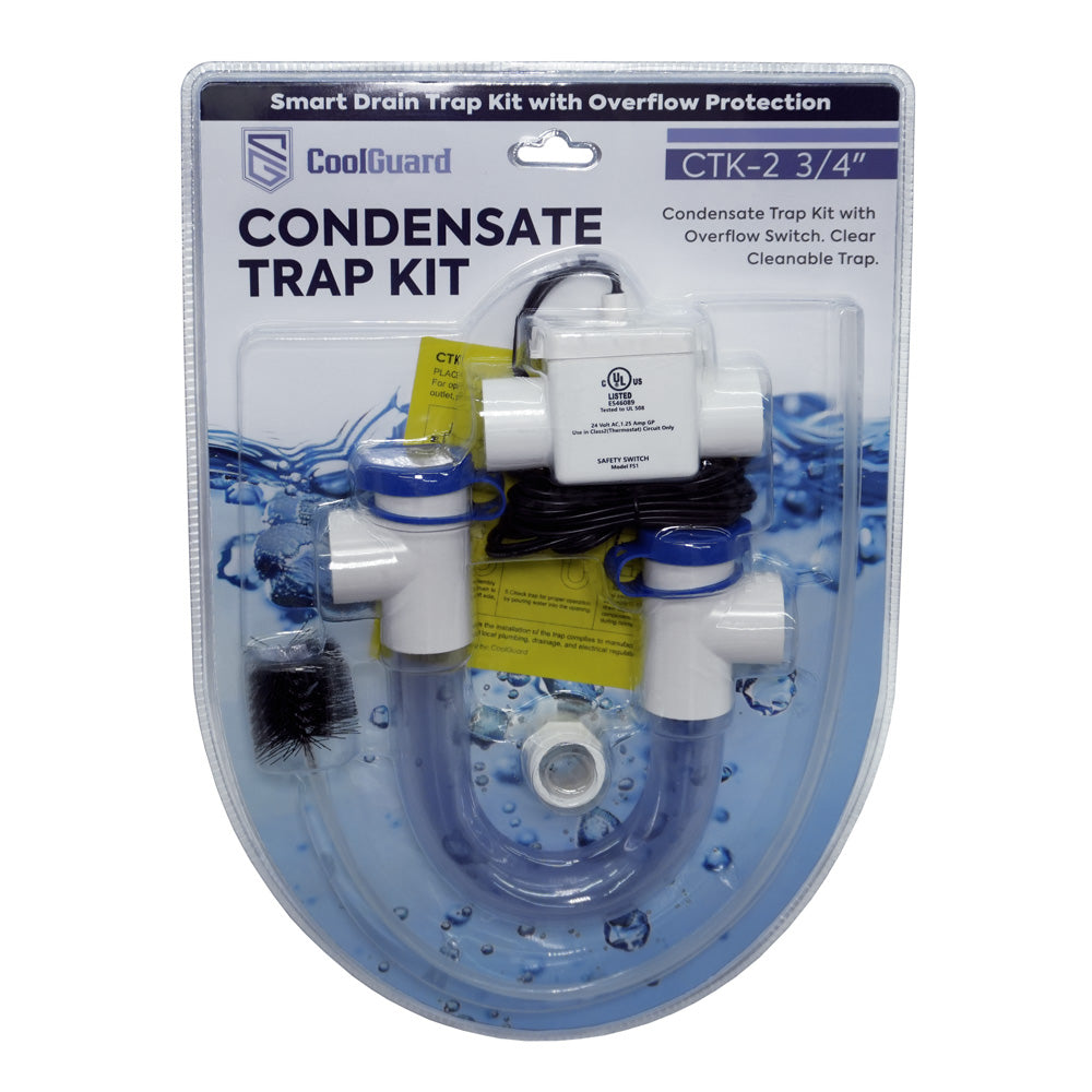 CoolGuard CTK-2 3/4 inch condensate trap kit with overflow float switch for HVAC air handlers and heat pumps, clear cleanable condensate trap with automatic drain overflow protection, front retail package view.