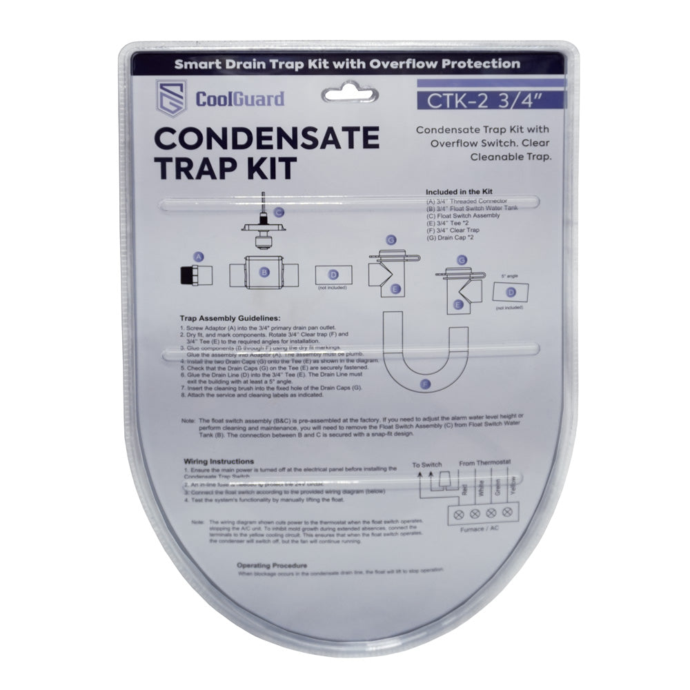 Back of CoolGuard CTK-2 3/4 inch condensate trap kit with overflow float switch packaging showing installation diagram, trap assembly guide, wiring instructions, parts list, and condensate drain layout for HVAC air handler condensate drain protection.